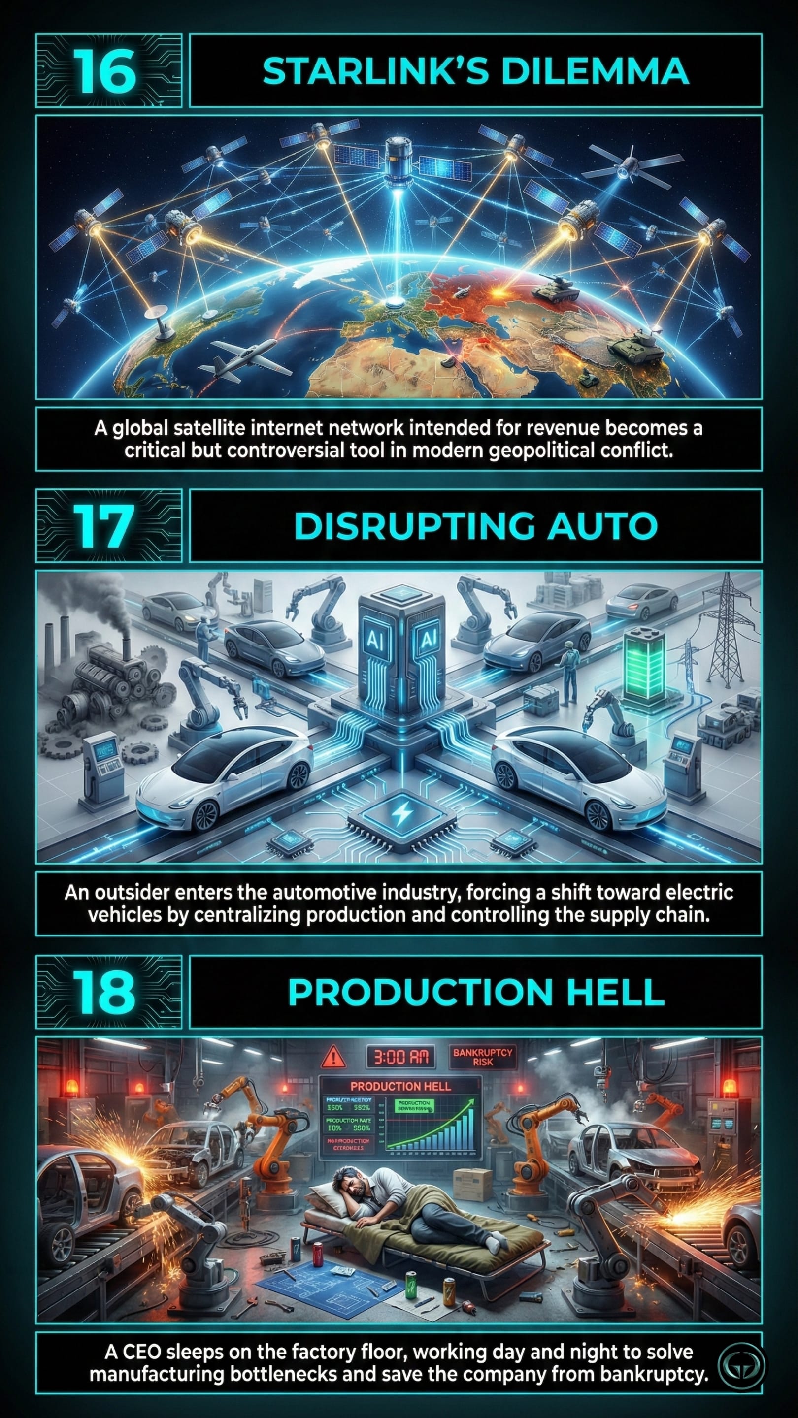 Infographic on Starlink and Tesla manufacturing from Walter Isaacson's Elon Musk. Panel 16 (Starlink’s Dilemma) shows a satellite network becoming a geopolitical tool. Panel 17 (Disrupting Auto) depicts the shift to electric vehicles and vertical integration. Panel 18 (Production Hell) illustrates a CEO sleeping on the factory floor to solve bottlenecks.