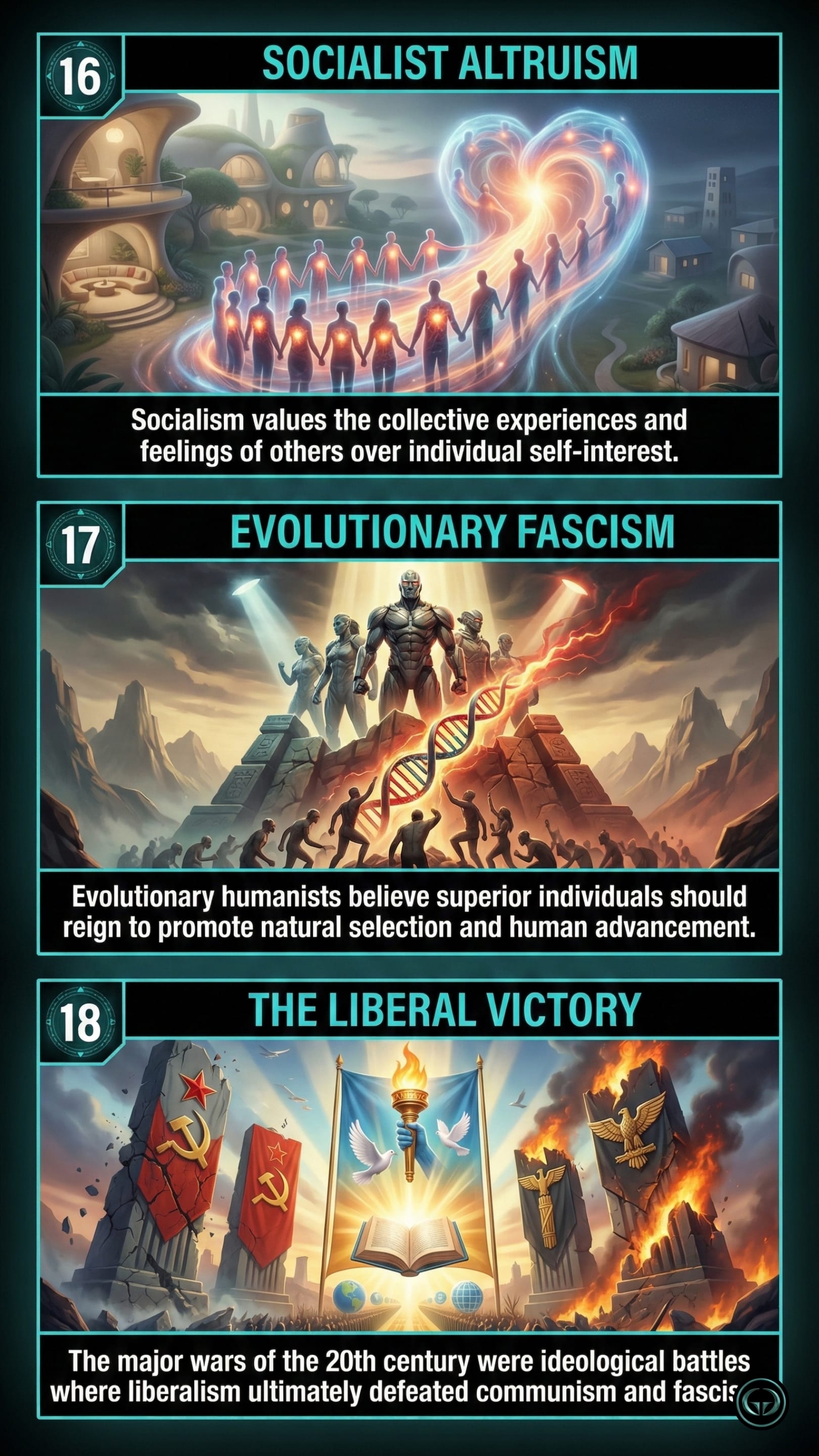 Final Homo Deus graphic panels: 16. Socialist Altruism showing collective experience; 17. Evolutionary Fascism depicting natural selection and superior individuals; 18. The Liberal Victory showing the defeat of communism and fascism in the 20th century.