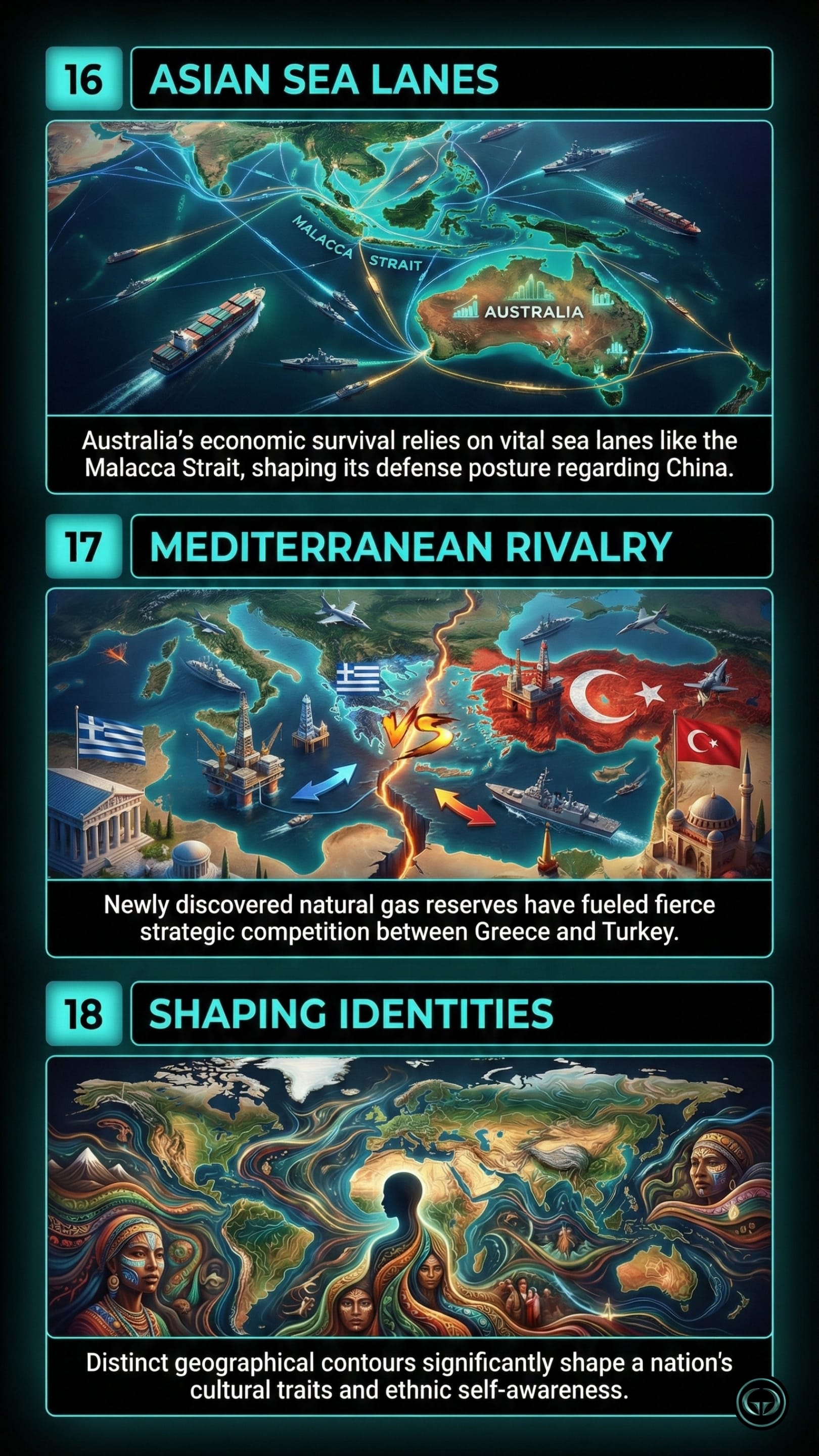 Panel 16: Asian Sea Lanes. A map of Southeast Asia and Australia with glowing trade routes passing through the Malacca Strait. Naval vessels patrol the lanes, highlighting Australia’s economic dependence on these specific maritime paths. Panel 17: Mediterranean Rivalry. A map showing Greece and Turkey separated by a glowing orange rift in the sea. Icons of oil rigs and fighter jets appear on both sides, representing the strategic competition over natural gas reserves. Panel 18: Shaping Identities. An abstract, artistic world map where the continents are formed by swirling patterns and the faces of diverse ethnic groups. The silhouettes of people are integrated into the landmasses, symbolizing how geography shapes cultural and ethnic identity.