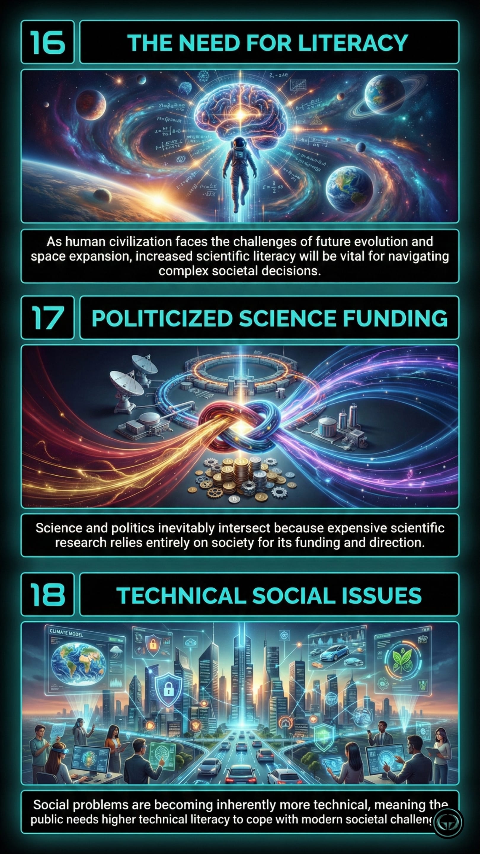 Graphic Gyaan illustrations for Stephen Hawking's Brief Answers to the Big Questions. Final panels covering insights 16 to 18: The Need for Scientific Literacy, Politicized Science Funding, and Technical Social Issues.