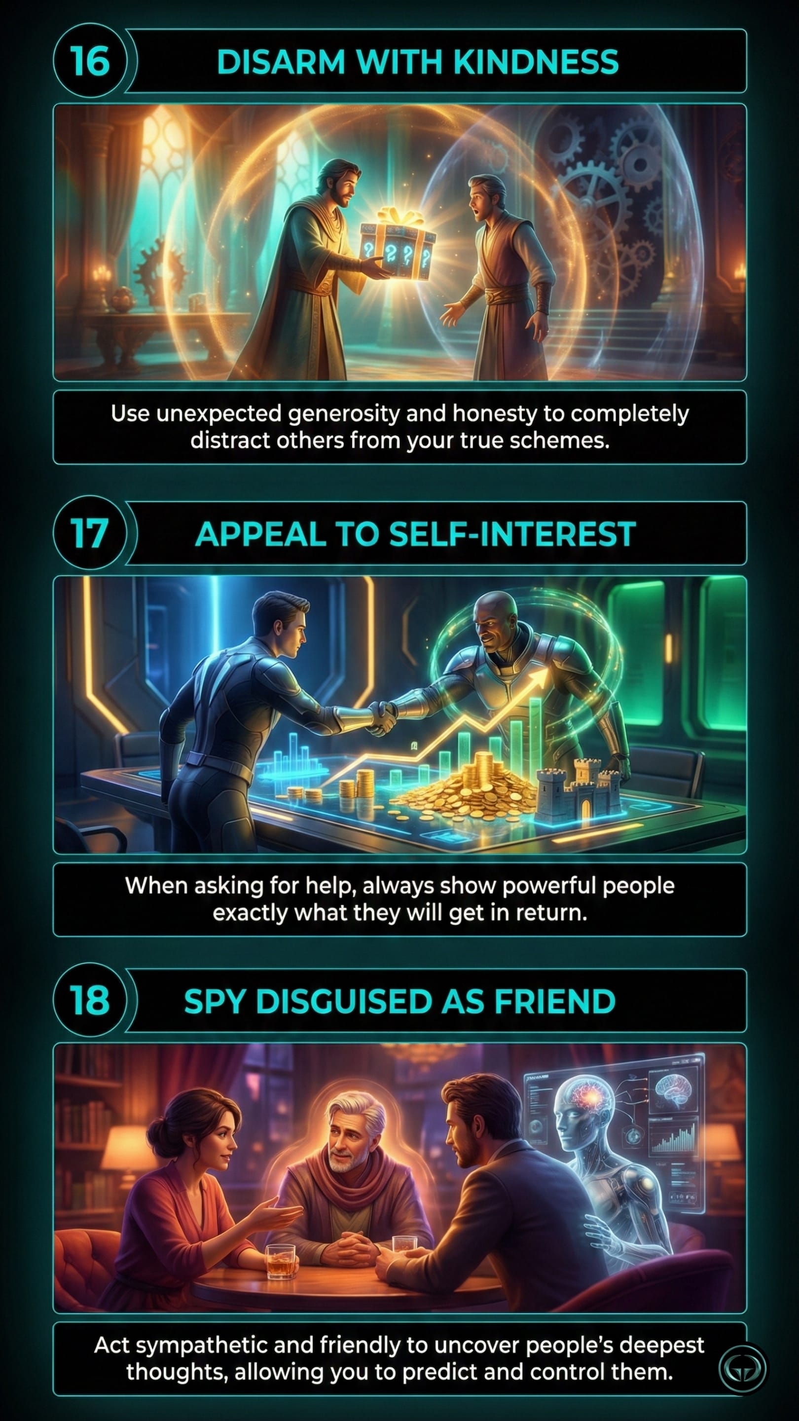 The 48 Laws of Power by Robert Greene graphic panels. Shows a man offering a glowing surprise gift, futuristic businessmen shaking hands over gold coins, and a spy analyzing a friend's glowing digital brain for Laws 16 to 18.