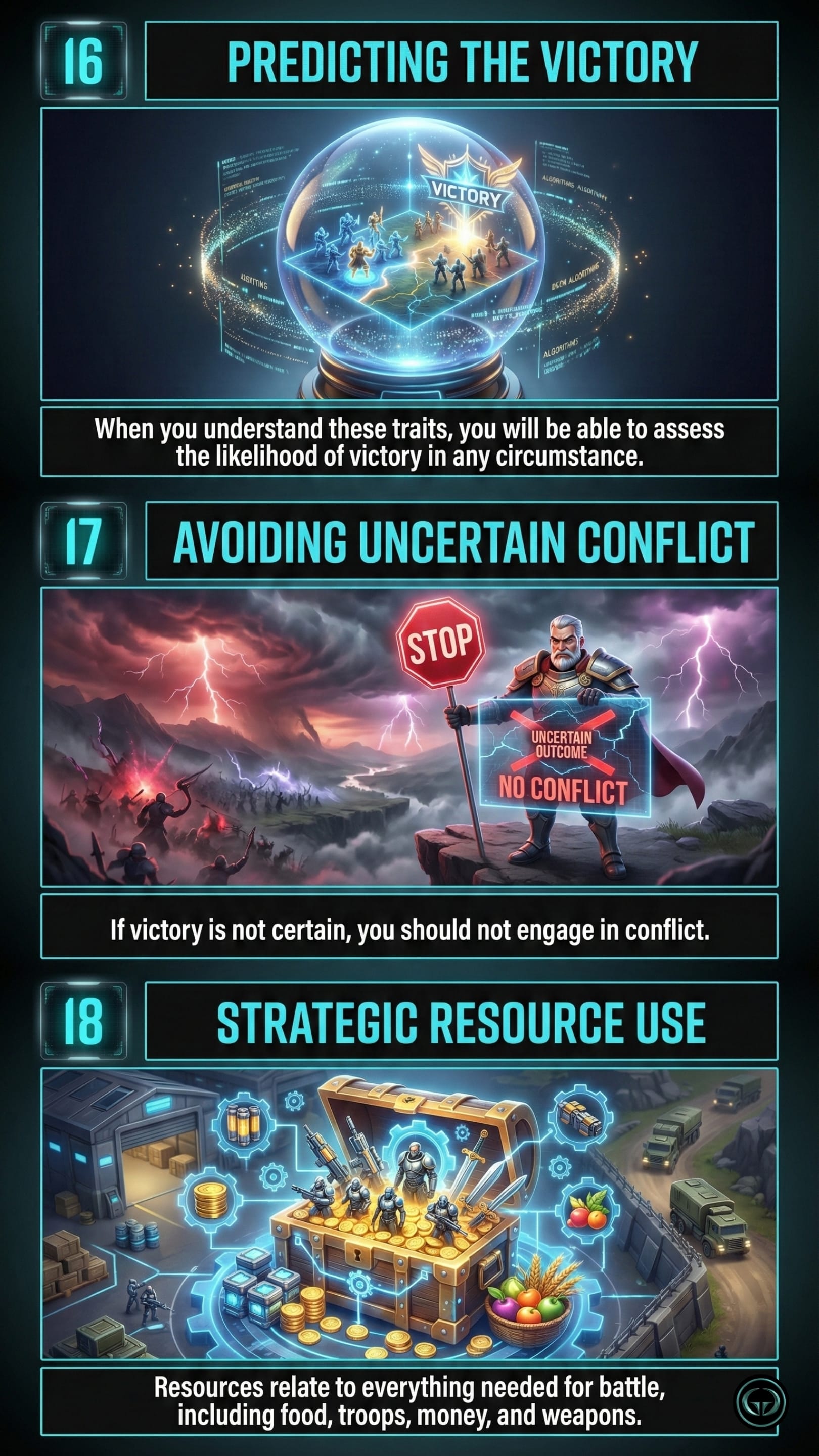 Victory and resources in The Art of War: 16. Predicting the victory shown by a crystal ball revealing a battlefield outcome. 17. Avoiding uncertain conflict featuring a general holding a 'Stop' sign before a stormy battle. 18. Strategic resource use showing a treasure chest filled with gold, weapons, and food.