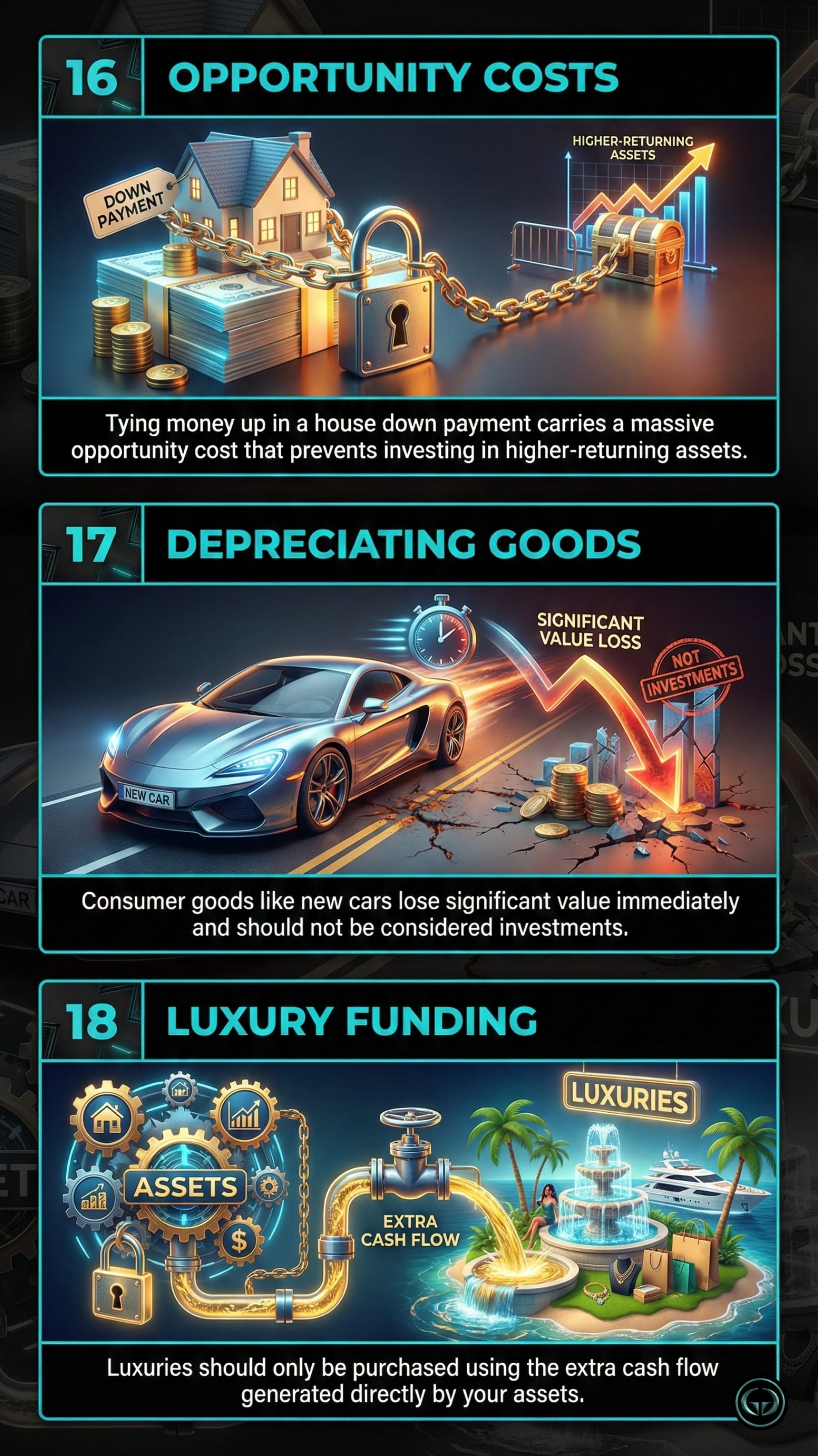 Infographic illustrating three Robert Kiyosaki insights from Rich Dad Poor Dad: Top panel shows the opportunity cost of tied-up capital; Middle panel depicts consumer goods as rapid depreciation, not investments; Bottom panel visualizes funding luxuries exclusively through asset cash flow.