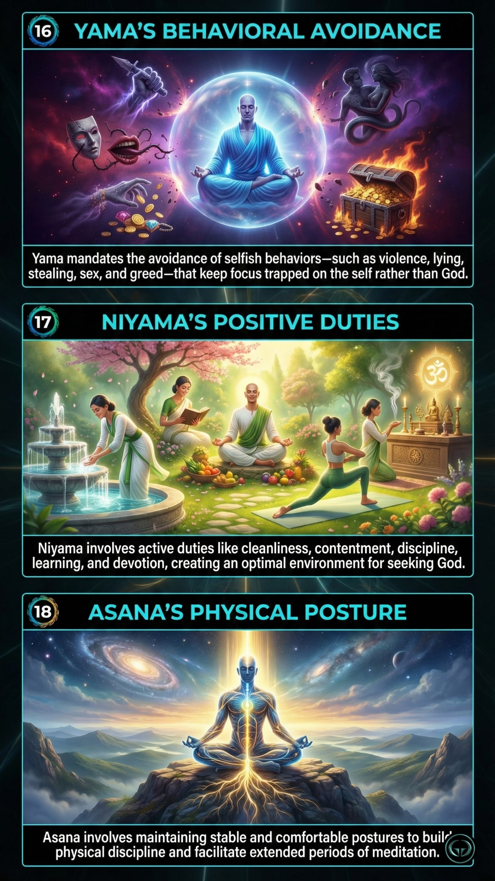 Infographic illustrating three Autobiography of a Yogi insights by Paramahansa Yogananda: Top panel shows Yama's behavioral avoidance; Middle panel depicts Niyama's positive spiritual duties; Bottom panel visualizes Asana's physical meditation postures.