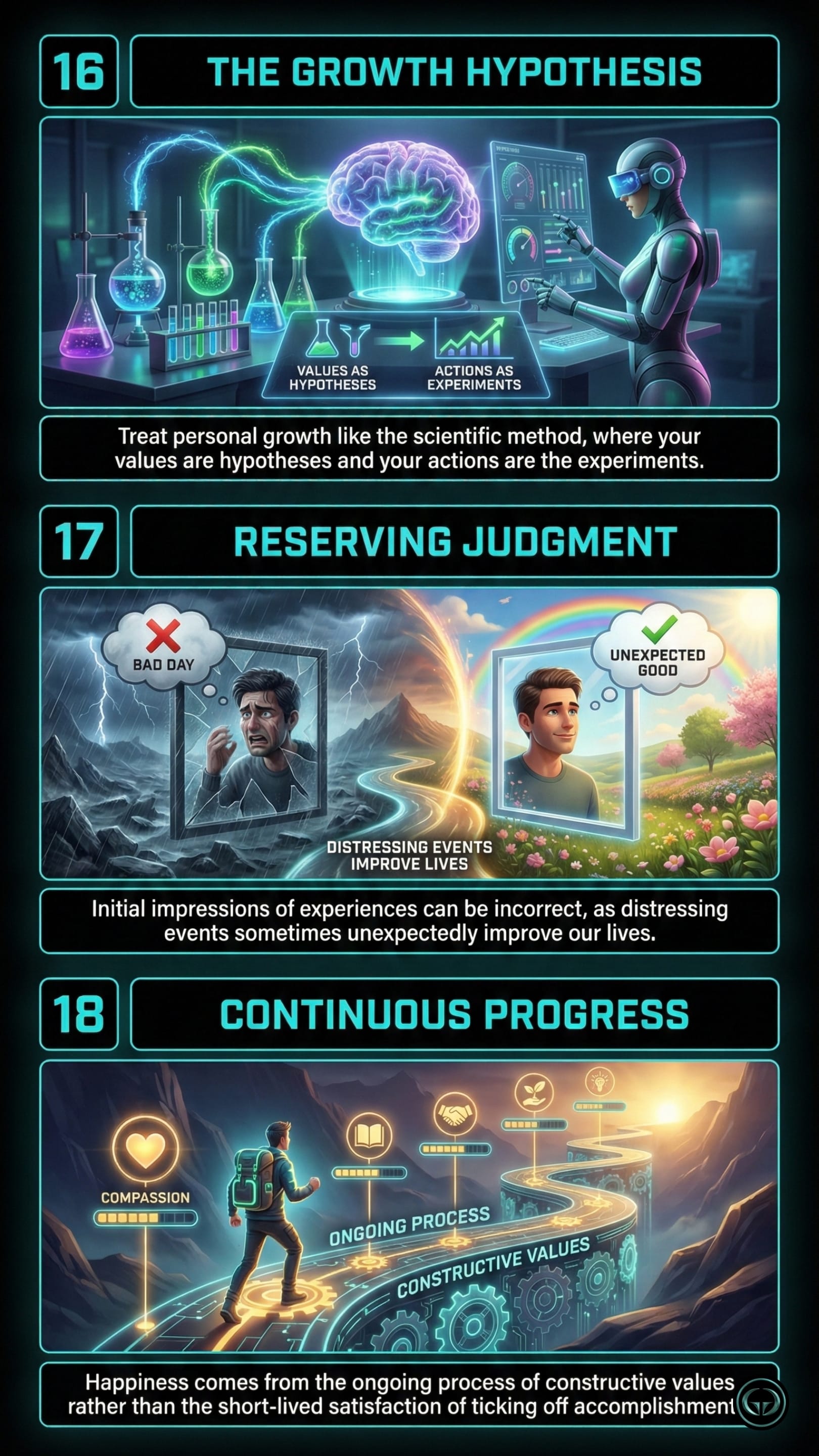 Infographic illustrating three The Subtle Art of Not Giving a F*ck insights by Mark Manson: Top panel shows treating personal growth and values as scientific hypotheses; Middle panel depicts reserving judgment on distressing events that may yield positive outcomes; Bottom panel visualizes happiness as the continuous progress of constructive values.