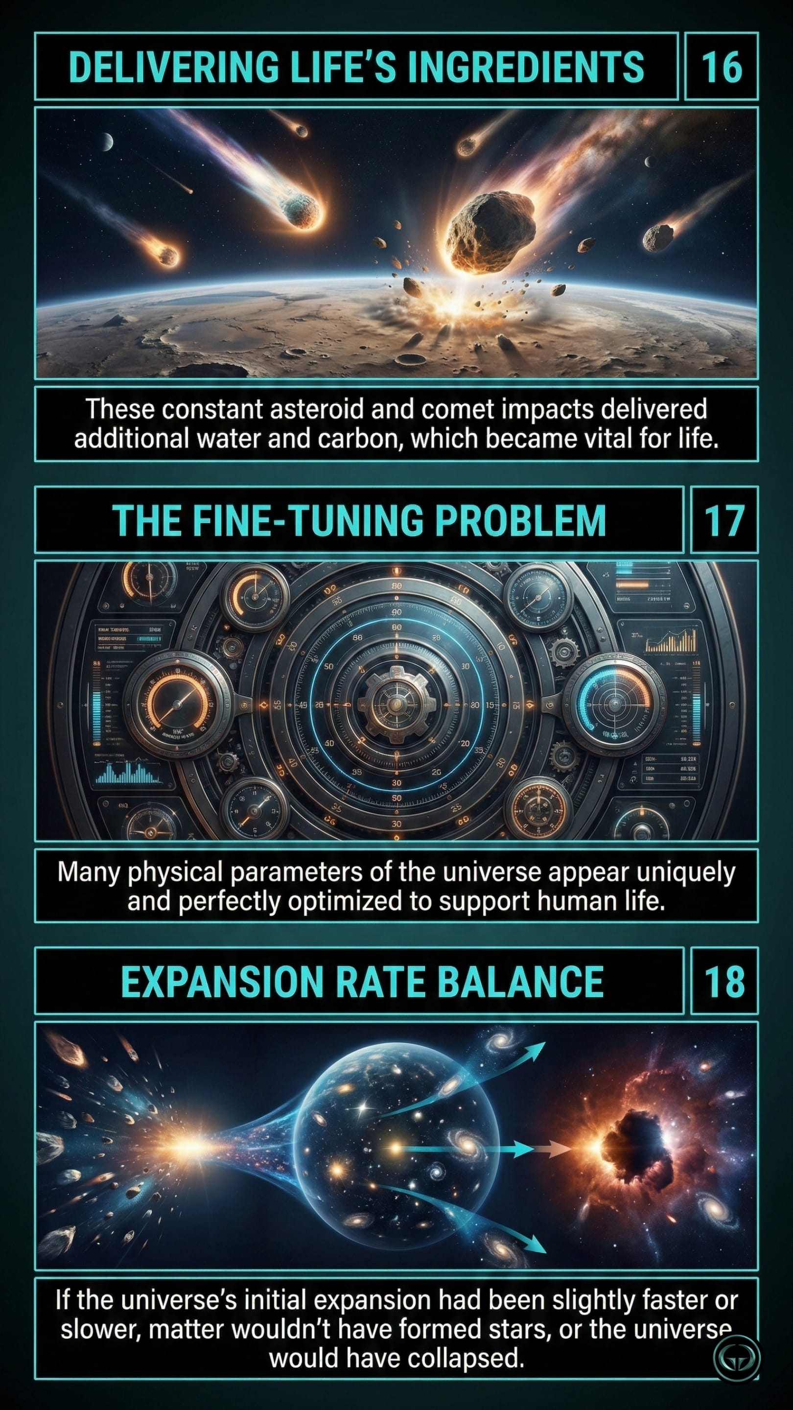 Infographic illustrating three A Short History of Nearly Everything insights by Bill Bryson: Top panel shows asteroids delivering water and carbon; Middle panel depicts the Fine-Tuning problem of physics; Bottom panel visualizes the critical balance of the universal expansion rate.