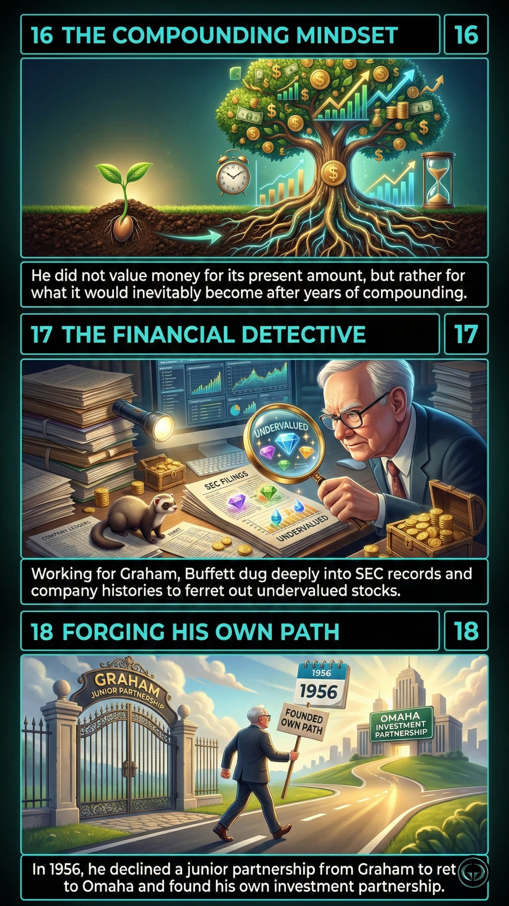 Infographic illustrating three The Snowball insights by Alice Schroeder: Top panel shows the compounding mindset where money grows like a massive tree over time; Middle panel depicts Warren Buffett as a financial detective ferreting out undervalued stocks; Bottom panel visualizes Buffett forging his own path by founding the Omaha Investment Partnership in 1956.