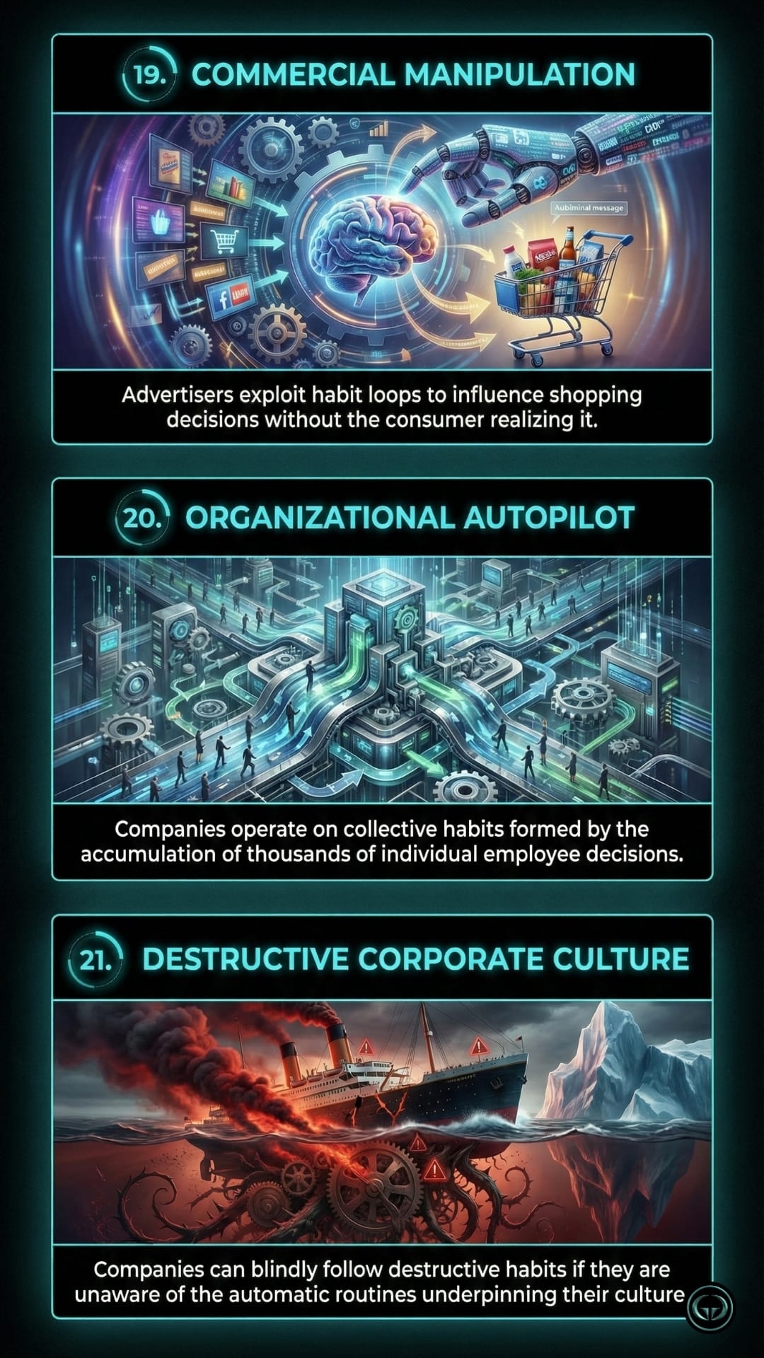 Panel 19: A graphic insight of the book 'The Power Of Habit' titled "Commercial Manipulation," showing a robotic hand influencing a human brain near a shopping cart to explain how advertisers exploit habit loops. Panel 20: A graphic insight of the book 'The Power Of Habit' titled "Organizational Autopilot," showing a futuristic factory where many small employee paths merge into a collective corporate habit. Panel 21: A graphic insight of the book 'The Power Of Habit' titled "Destructive Corporate Culture," showing a ship (a company) heading toward an iceberg because of unaddressed automatic routines.
