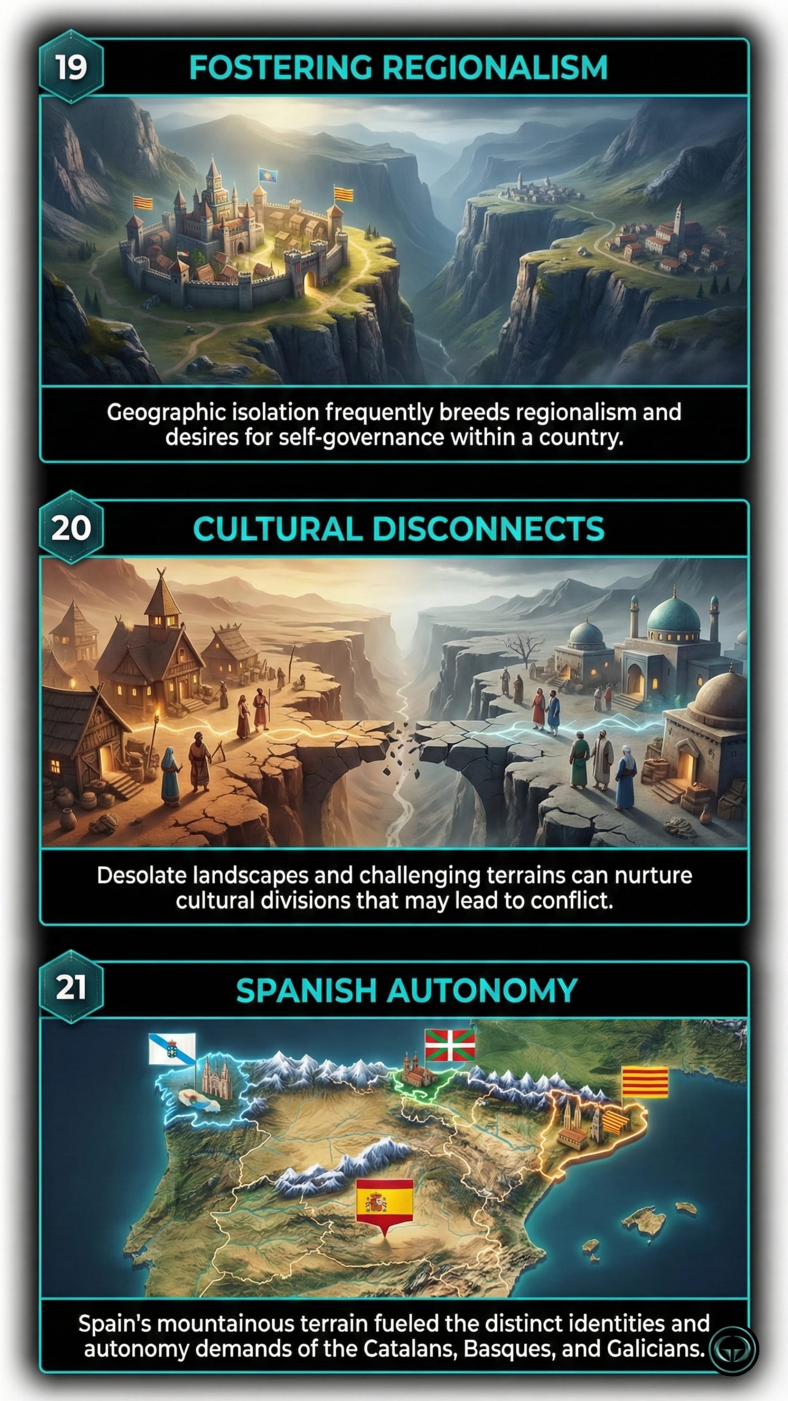 Insight 19: Fostering Regionalism. A digital illustration of two medieval-style castles built on opposite, sheer cliffs separated by a deep canyon. The image visualizes geographic isolation, showing how physical barriers lead to desires for self-governance. Insight 20: Cultural Disconnects. A conceptual graphic of two distinct communities—one featuring Western-style cottages and another with Middle Eastern-style domed architecture—separated by a crumbling stone bridge over a vast ravine, symbolizing how harsh terrain nurtures cultural divisions. Insight 21: Spanish Autonomy. A 3D topographical map of Spain highlighting the mountainous regions of Galicia, the Basque Country, and Catalonia with their respective regional flags. It illustrates how rugged terrain has fueled distinct identities and demands for autonomy.