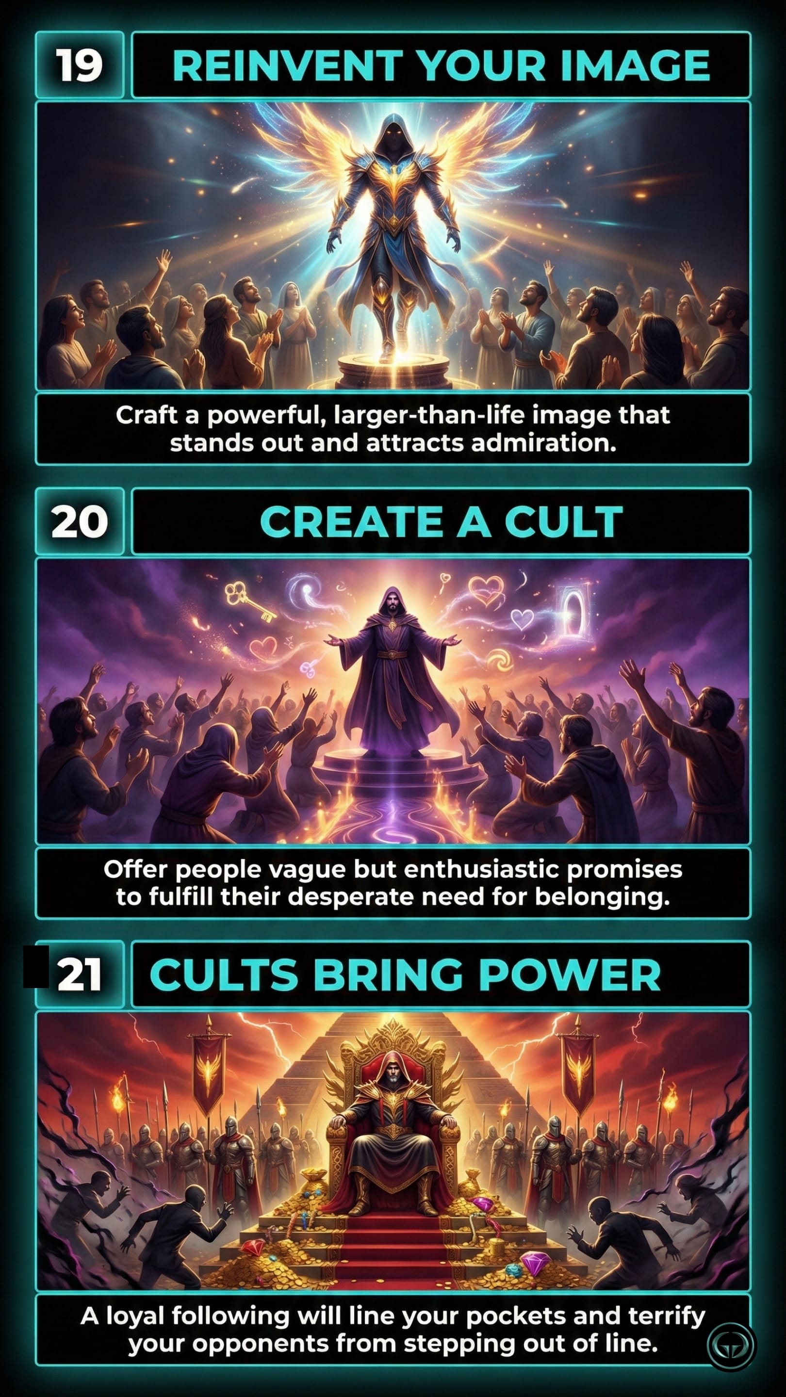 Visual review of The 48 Laws of Power. Fantasy illustrations of a glowing angelic figure being worshipped, a robed cult leader emitting magic to a crowd, and a dark king sitting on a throne of gold for Laws 19 to 21.