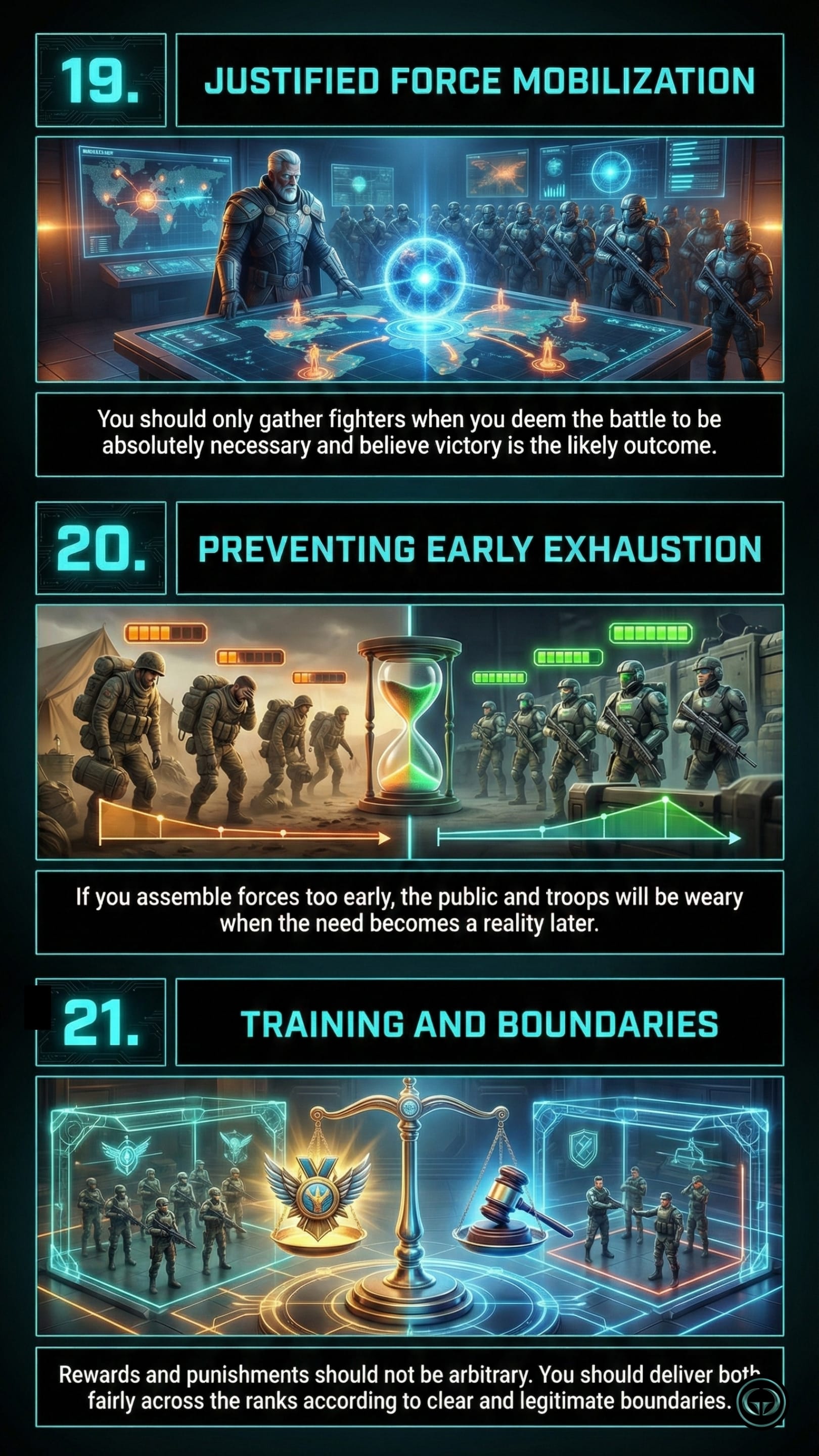 Mobilization and discipline by Sun Tzu: 19. Justified force mobilization showing a commander planning on a digital map. 20. Preventing early exhaustion featuring a comparison of tired vs. energized troops with an hourglass. 21. Training and boundaries depicted by a scale of justice balancing rewards and discipline.