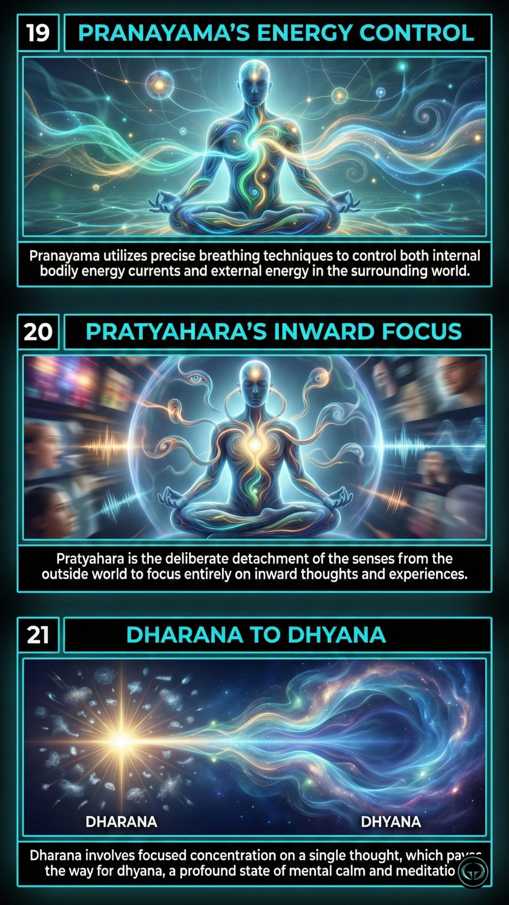 Infographic illustrating three Autobiography of a Yogi insights by Paramahansa Yogananda: Top panel shows Pranayama's energy control; Middle panel depicts Pratyahara's inward sensory focus; Bottom panel visualizes concentration shifting from Dharana to Dhyana.