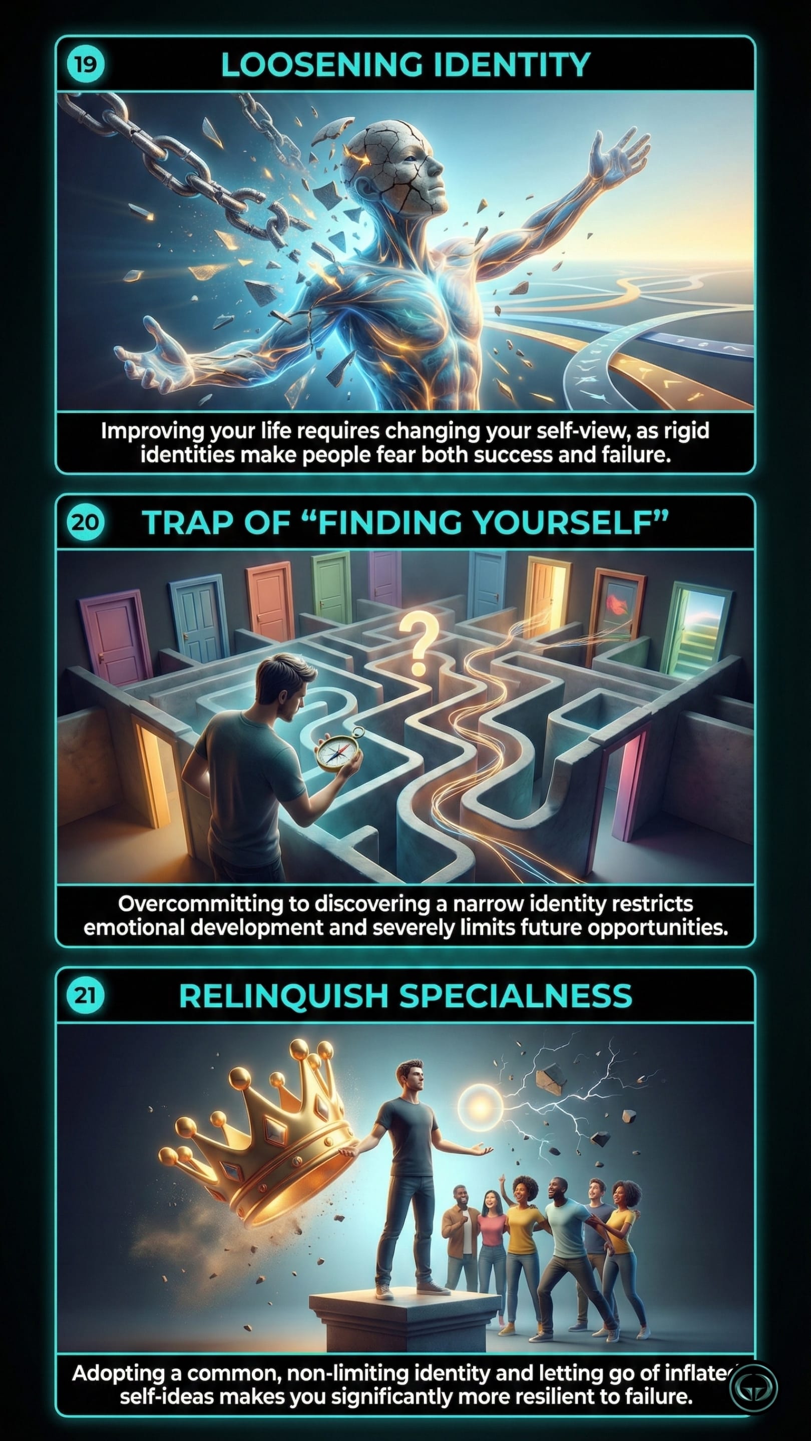 Infographic illustrating three The Subtle Art of Not Giving a F*ck insights by Mark Manson: Top panel shows breaking free from rigid identity; Middle panel depicts the trap of narrowly defining oneself; Bottom panel visualizes relinquishing specialness for emotional resilience.