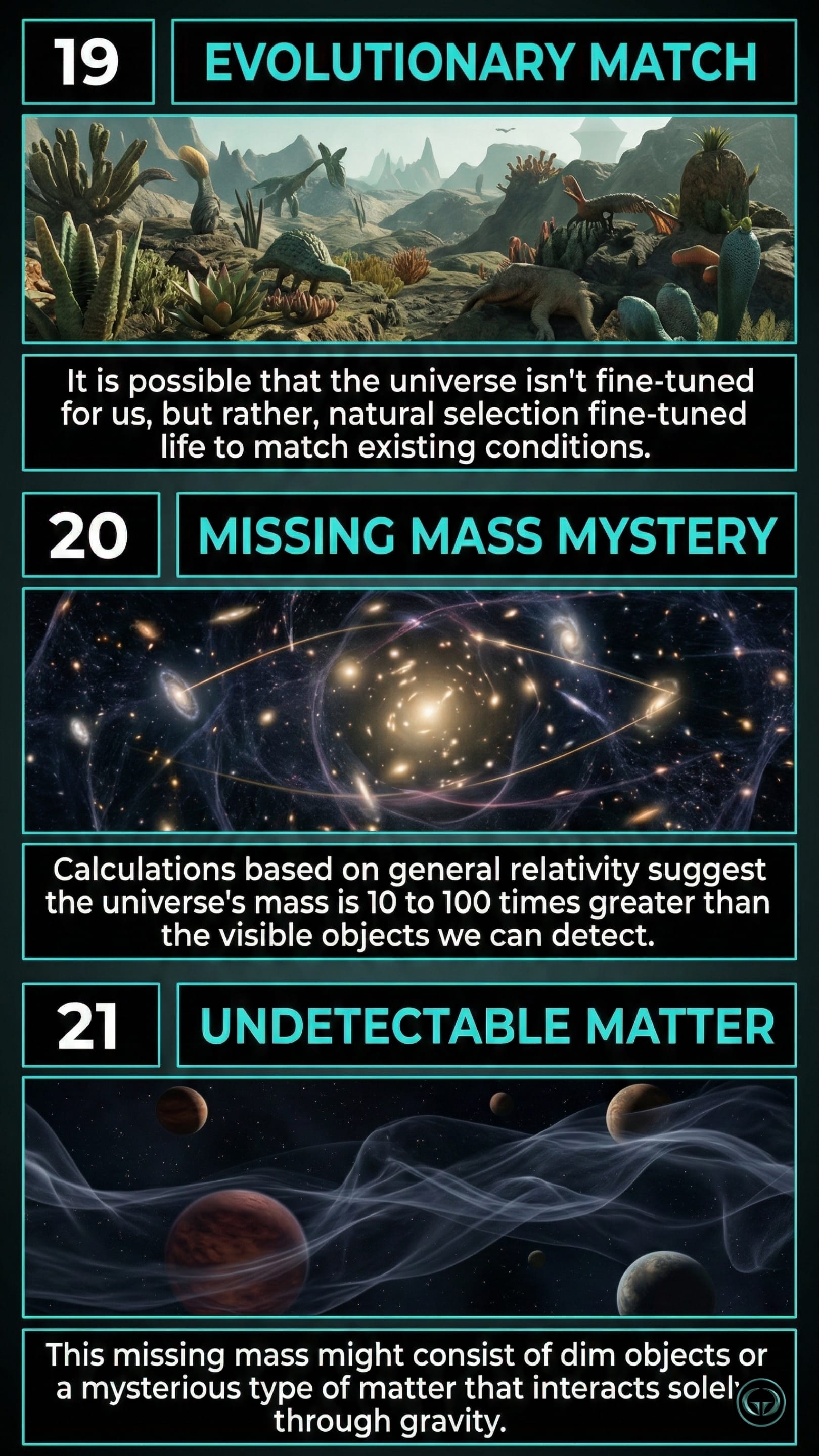 Infographic illustrating three Bill Bryson insights from A Short History of Nearly Everything: Top panel shows life evolving to match environment; Middle panel depicts the missing mass mystery of the universe; Bottom panel visualizes undetectable dark matter interacting via gravity.