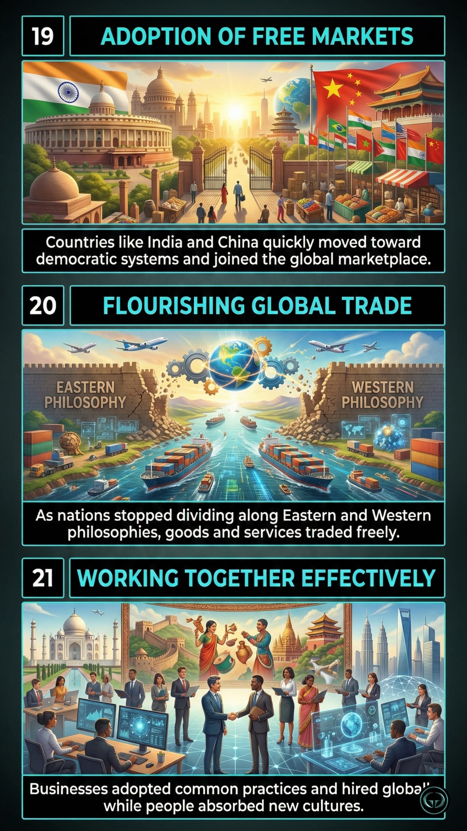 Infographic illustrating three The World Is Flat insights by Thomas L. Friedman: Top panel shows countries like India and China adopting free markets; Middle panel depicts global trade flourishing as ideological divides close; Bottom panel visualizes global businesses and cultures integrating effectively.
