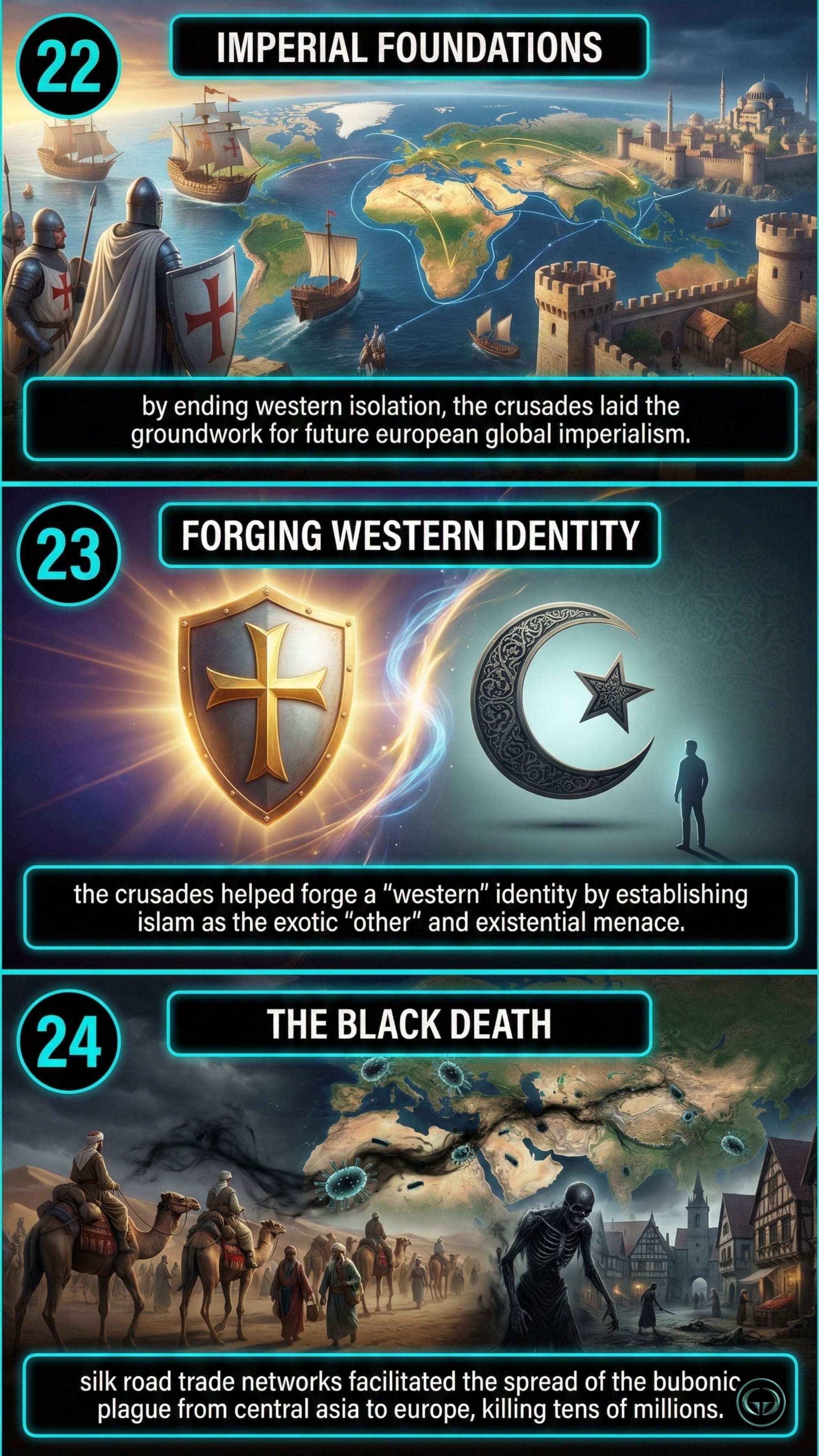 History of the West from The Silk Roads: Panel 22 explains how Crusades laid the groundwork for European imperialism; Panel 23 shows the forging of Western identity; Panel 24 depicts the spread of the Black Death via Silk Road networks.