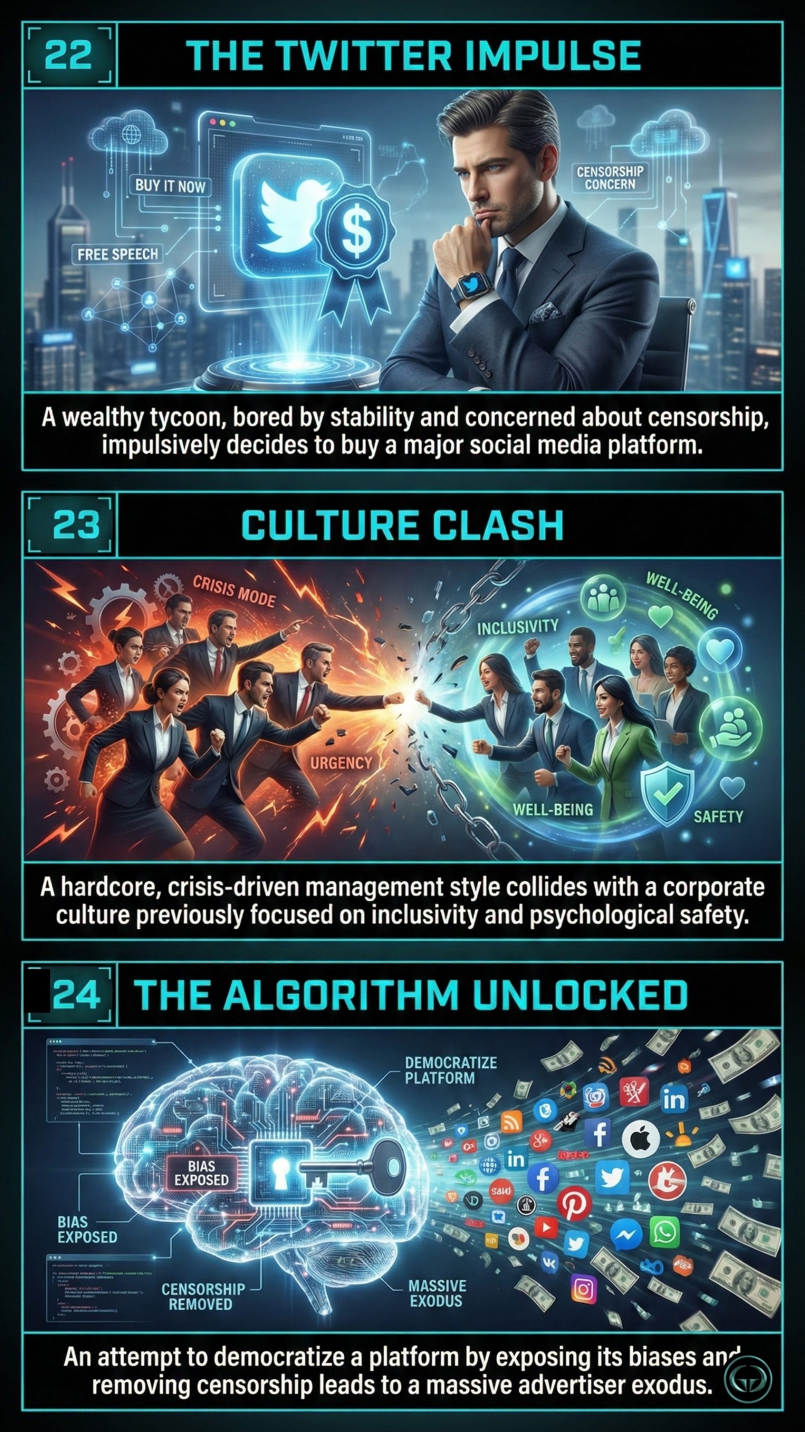 Twitter acquisition insights from Walter Isaacson's book on Elon Musk. Panel 22 (The Twitter Impulse) shows a tycoon impulsively buying a social media platform. Panel 23 (Culture Clash) depicts hardcore management colliding with an inclusive corporate culture. Panel 24 (The Algorithm Unlocked) illustrates the attempt to remove censorship and expose bias.