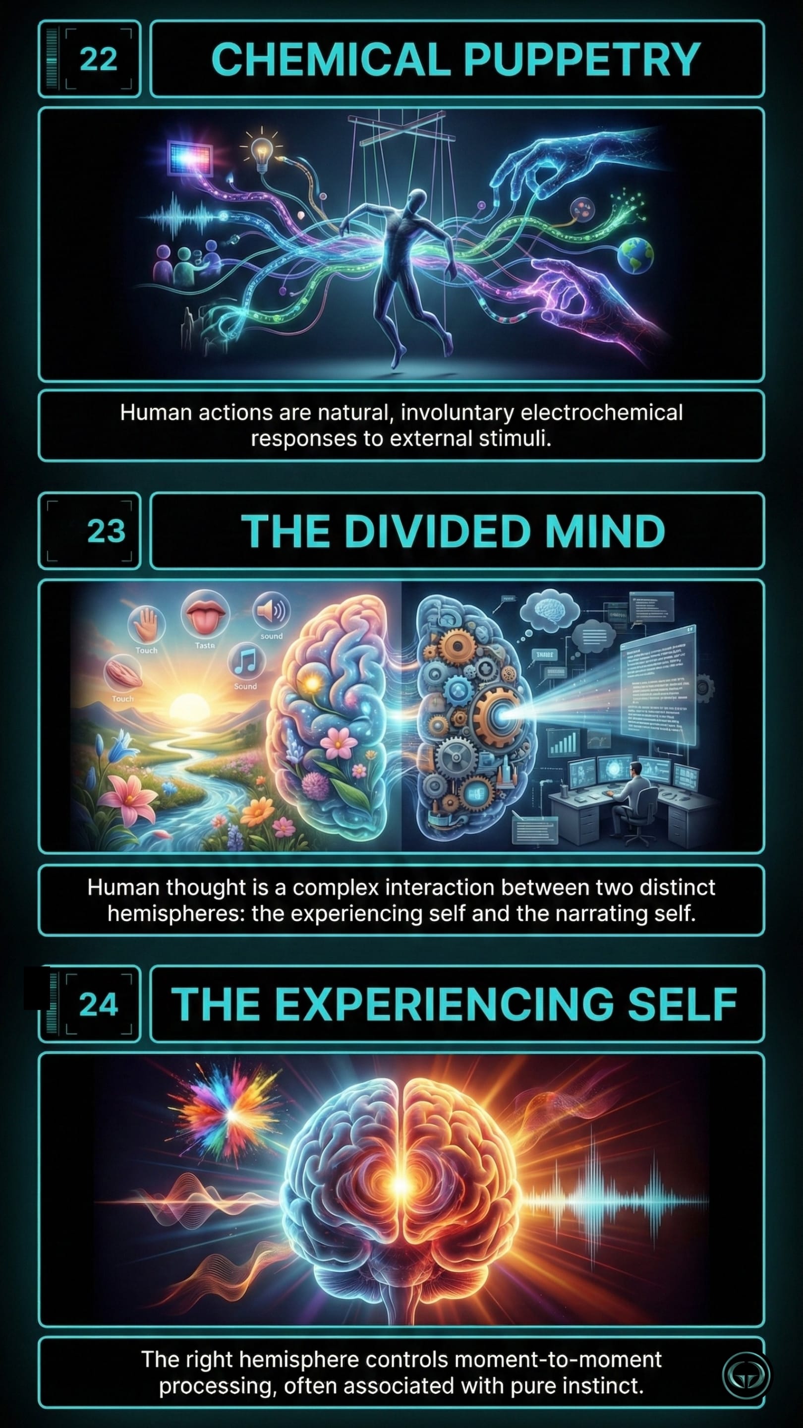 Graphic summary of Homo Deus insights: chemical puppetry of human actions, the divided mind theory, and the right hemisphere's role as the experiencing self.