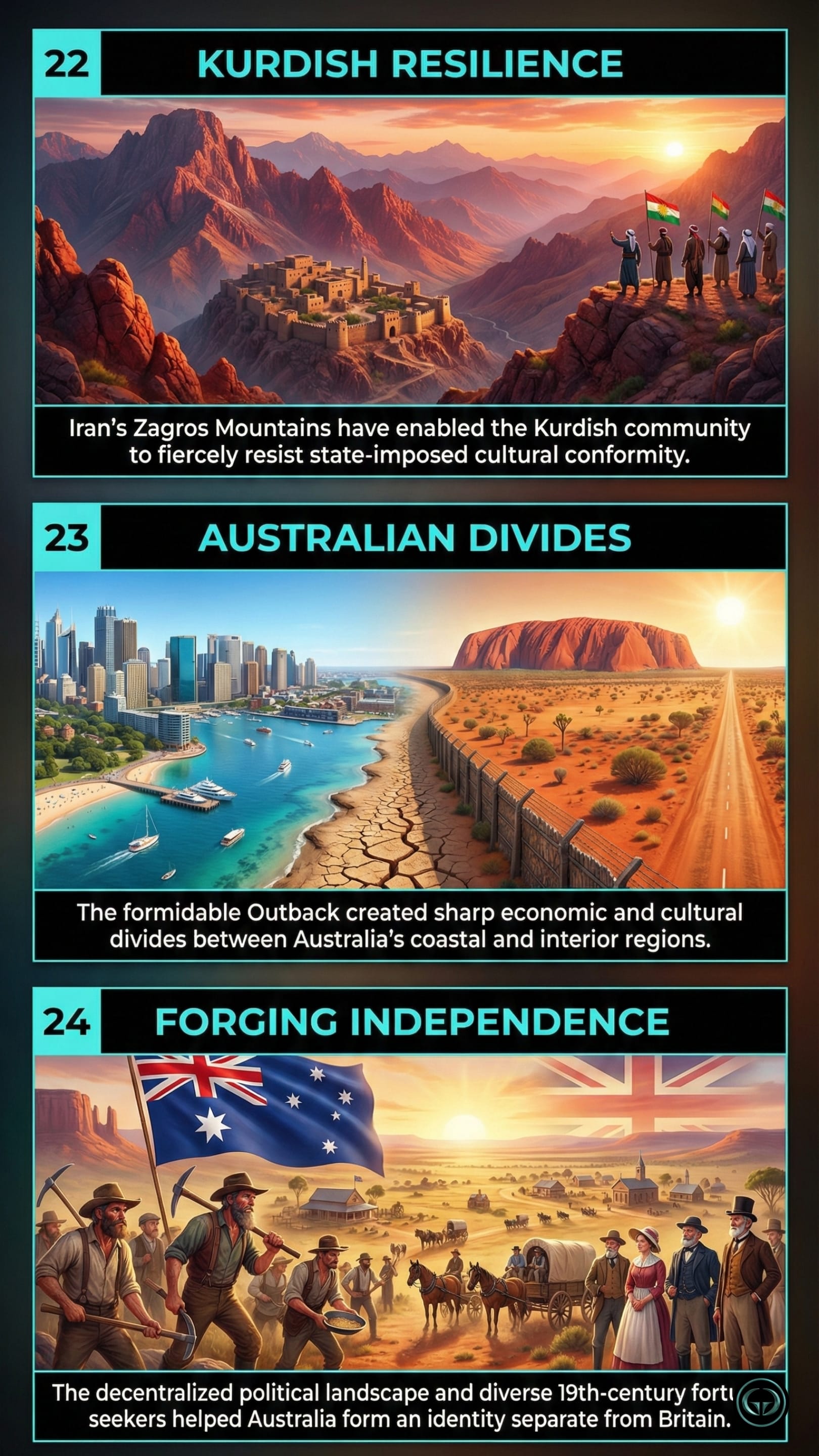 Insight 22: Kurdish Resilience. A dramatic visual of a stone fortress built into the side of the red, jagged Zagros Mountains in Iran. A group of people stands on a nearby ridge holding Kurdish flags, representing resistance against state conformity enabled by mountain terrain. Insight 23: Australian Divides. A split-screen image showing a modern, blue-water coastal city on the left and the red, arid Outback with Uluru on the right, separated by a fence. This depicts the sharp economic and cultural divide created by Australia's formidable interior. Insight 24: Forging Independence. A 19th-century historical scene of miners and settlers in the Australian bush under a large Australian flag, with a faded British Union Jack in the background sky, symbolizing the birth of a separate national identity.