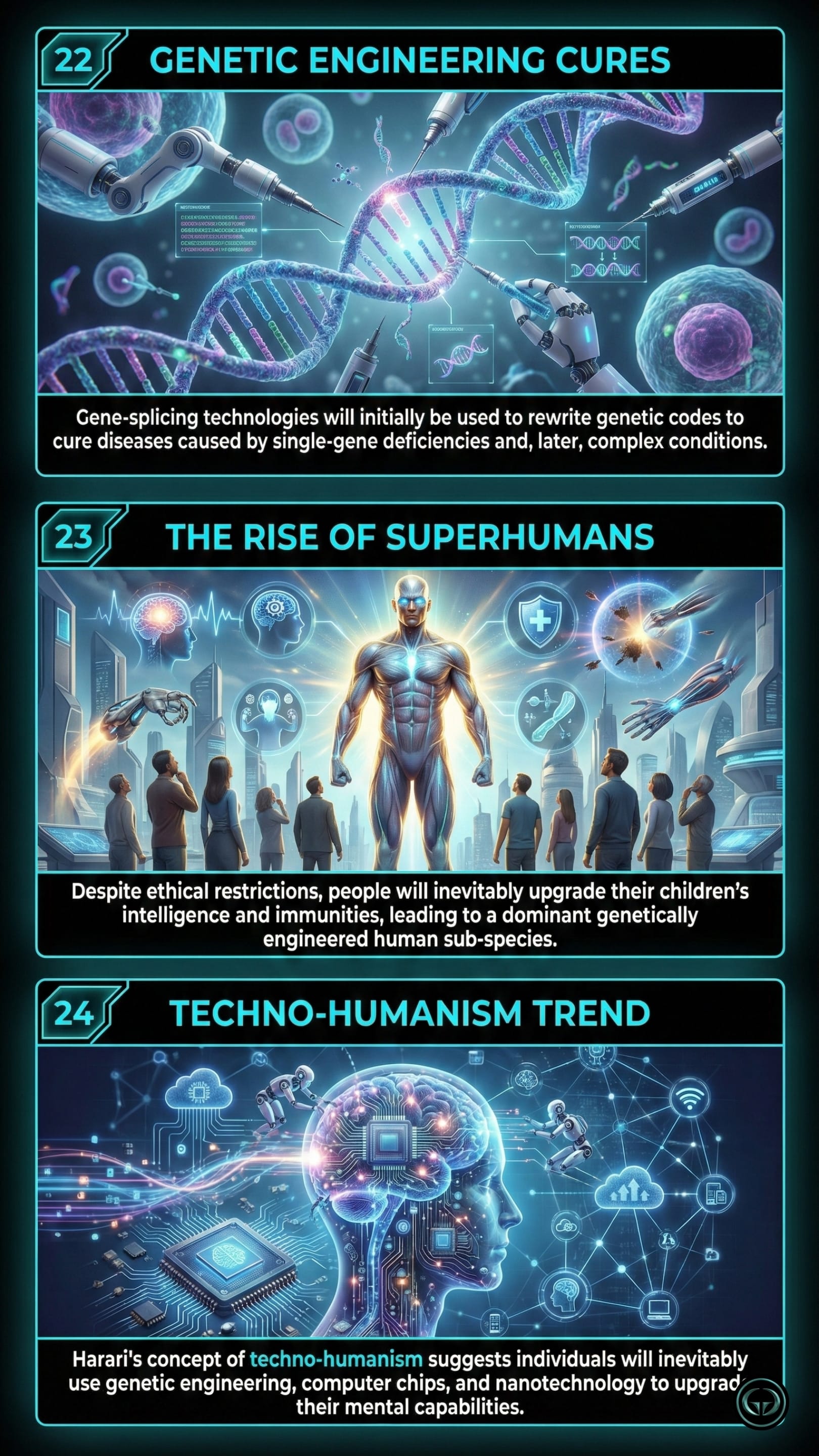Visual summary of 3 insights from Brief Answers to The Big Questions by Stephen Hawking: using genetic engineering to cure diseases, the ethical risks of upgrading to superhumans, and the emerging techno-humanism trend.