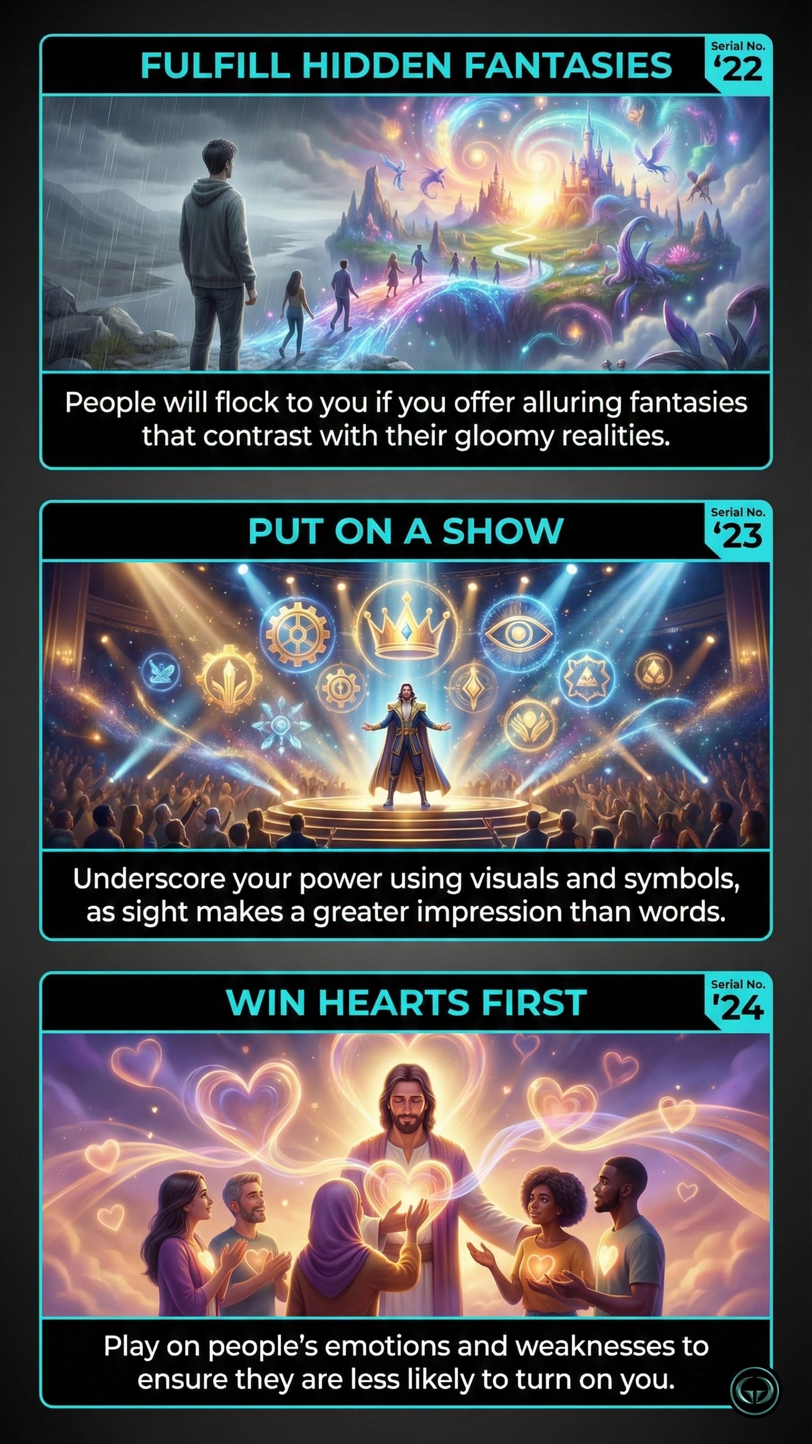 Graphic insights from The 48 Laws of Power. Artwork showing a man looking at a magical sky castle fantasy, a charismatic king's dazzling stage show, and a glowing figure spreading heart energy to a group for Laws 22 to 24.
