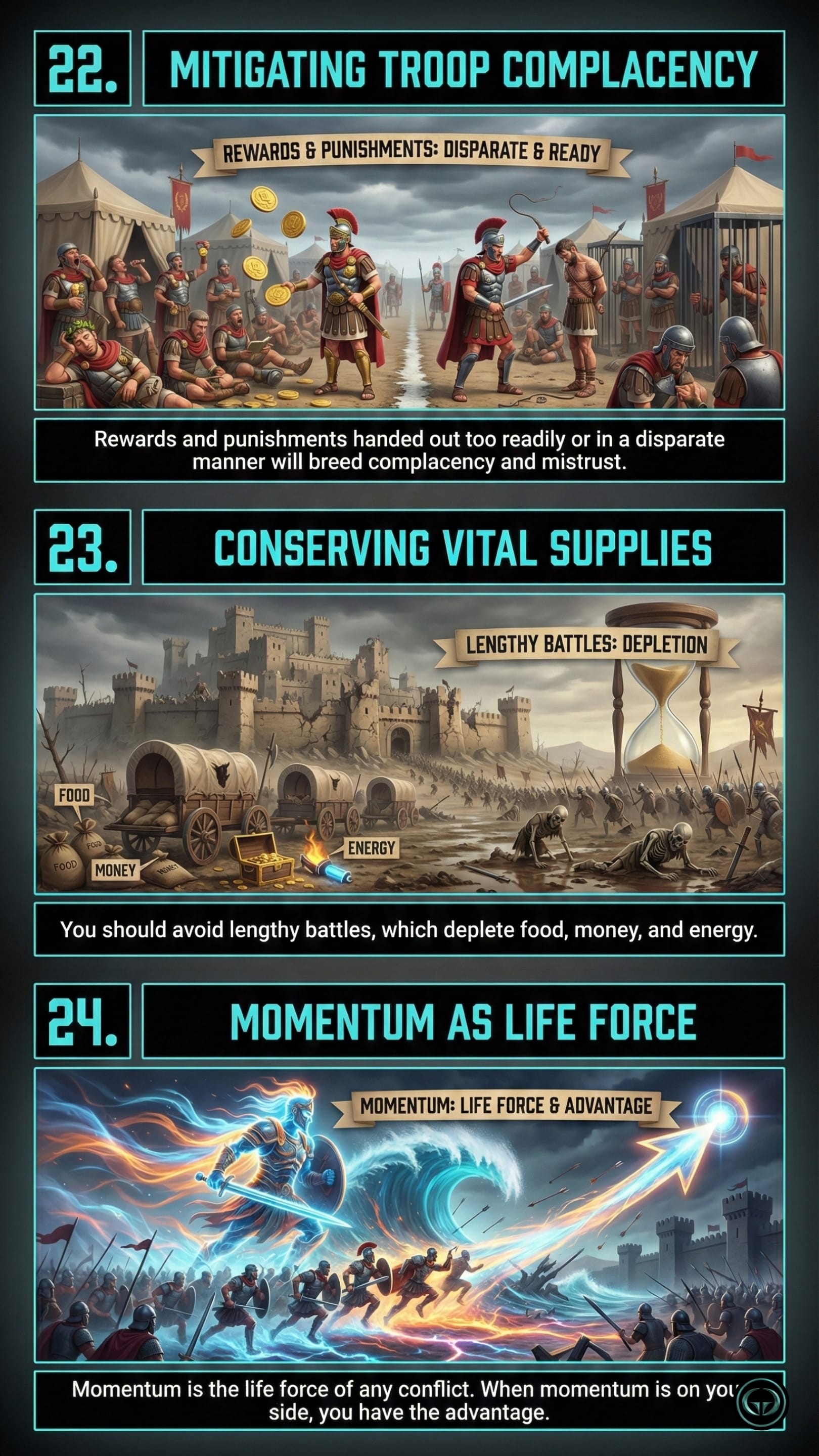 Managing troops and momentum in strategy: 22. Mitigating troop complacency showing Roman soldiers being disciplined and rewarded. 23. Conserving vital supplies depicting a long siege leading to depletion. 24. Momentum as life force showing a fiery warrior charging forward like a tidal wave.