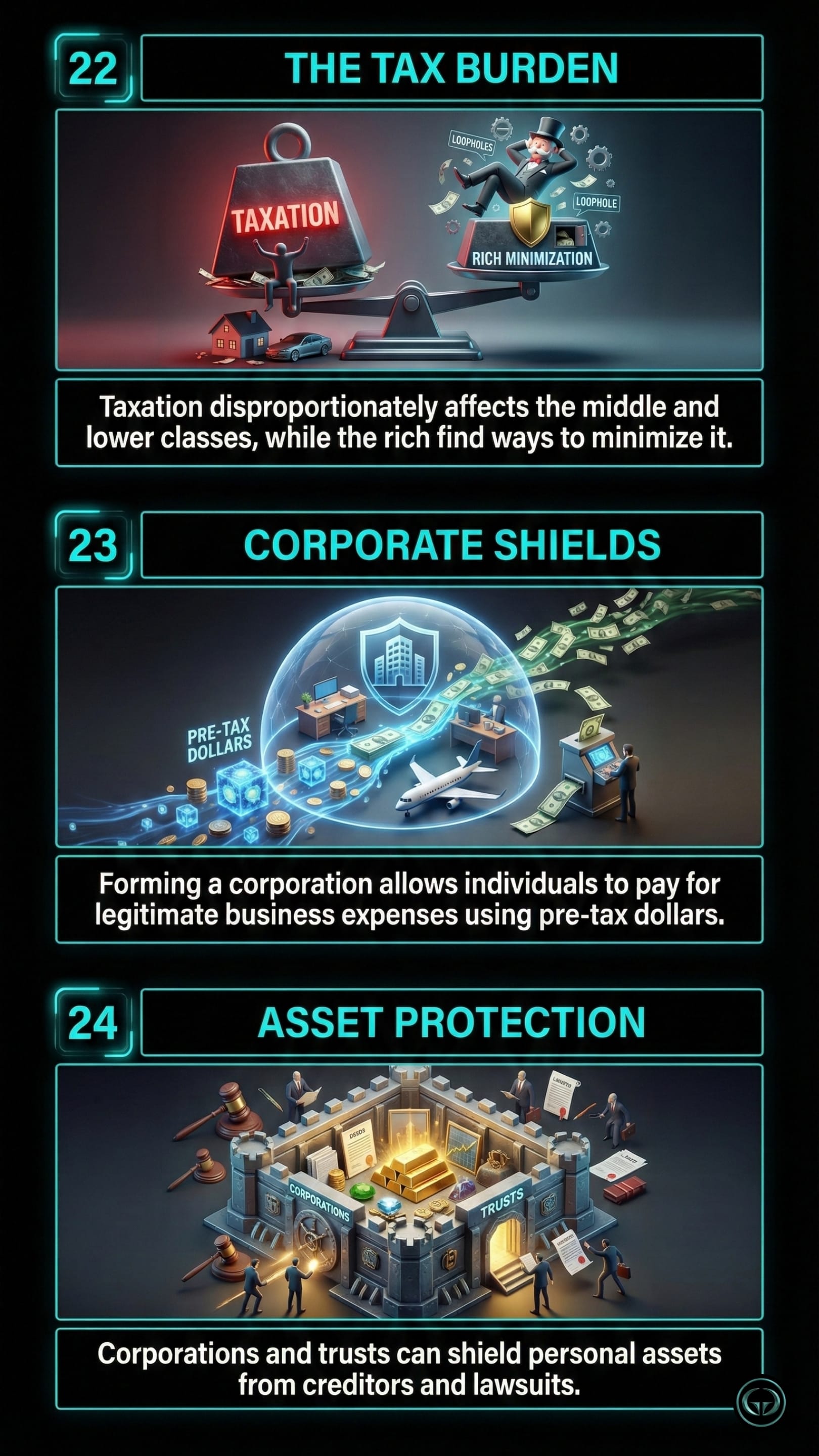Infographic illustrating three insights from Robert Kiyosaki's Rich Dad Poor Dad: Top panel shows the unequal tax burden on the middle class; Middle panel depicts using corporate structures as tax shields; Bottom panel visualizes protecting personal wealth through corporate asset protection.