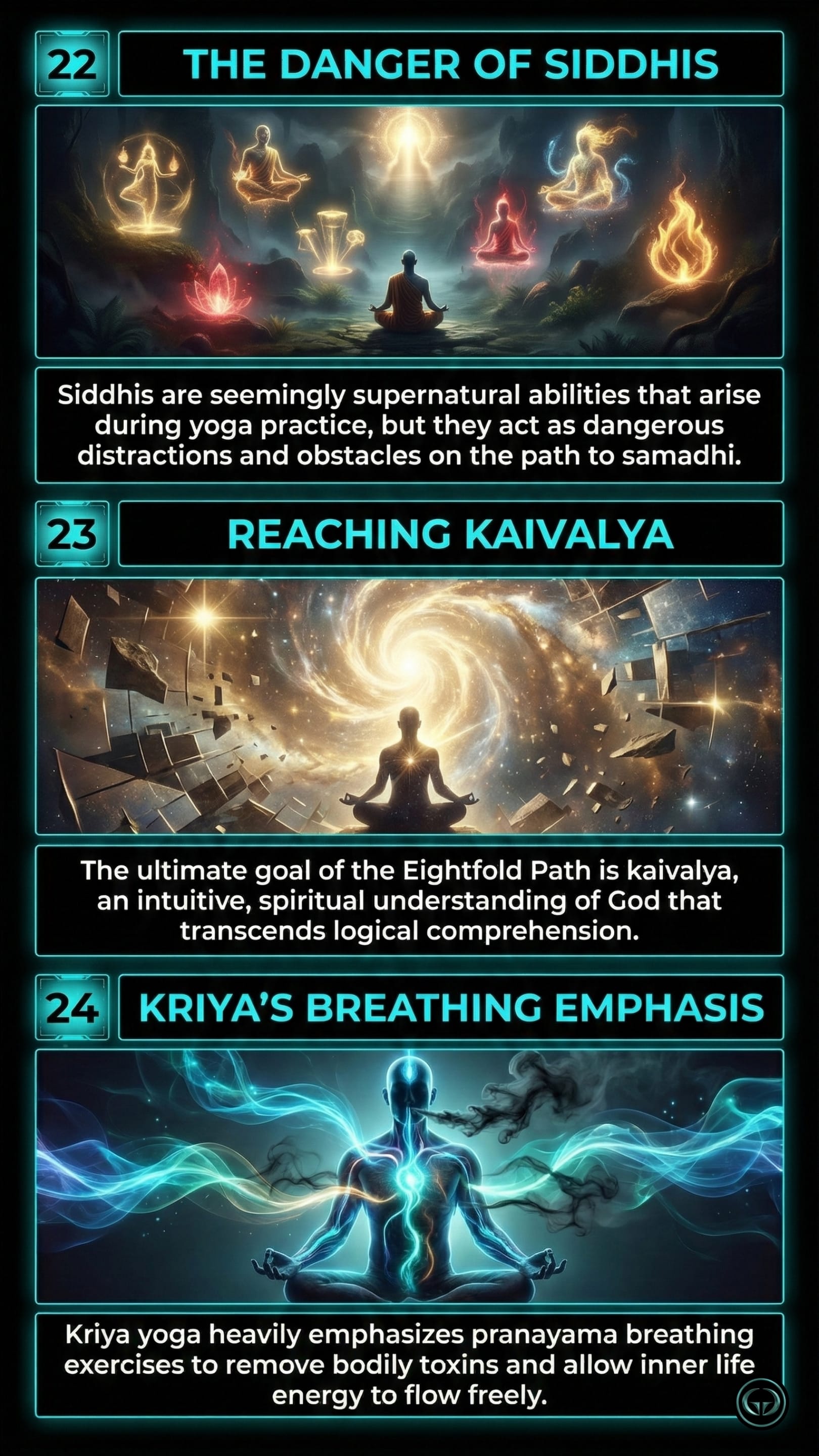 Infographic illustrating three Autobiography of a Yogi insights by Paramahansa Yogananda: Top panel shows the danger of Siddhis as distractions; Middle panel depicts reaching Kaivalya; Bottom panel visualizes Kriya yoga's emphasis on breathwork and life energy.