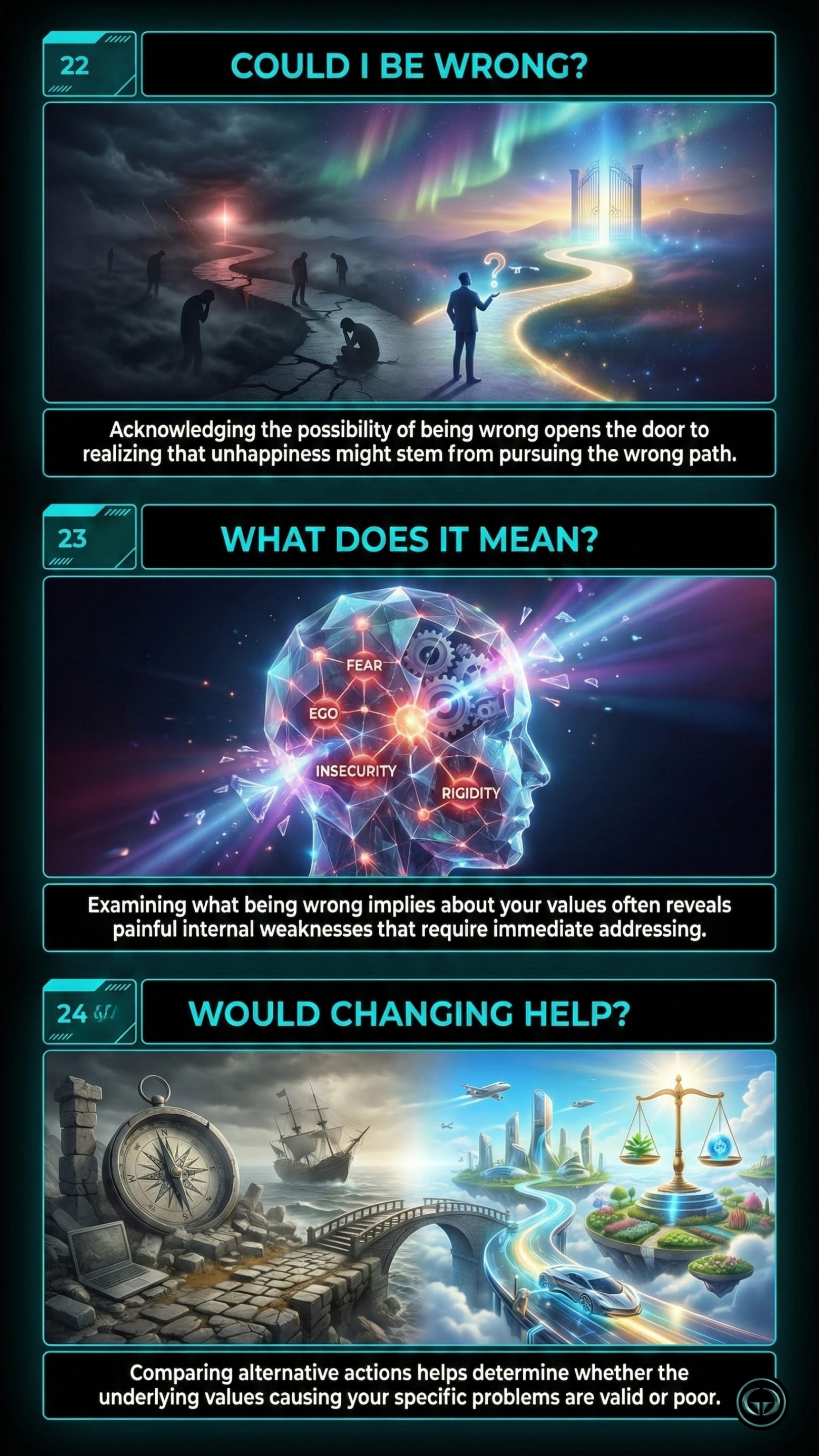 Infographic illustrating three The Subtle Art of Not Giving a F*ck insights by Mark Manson: Top panel shows accepting uncertainty by admitting you could be wrong; Middle panel depicts examining internal weaknesses; Bottom panel visualizes evaluating alternative personal values.