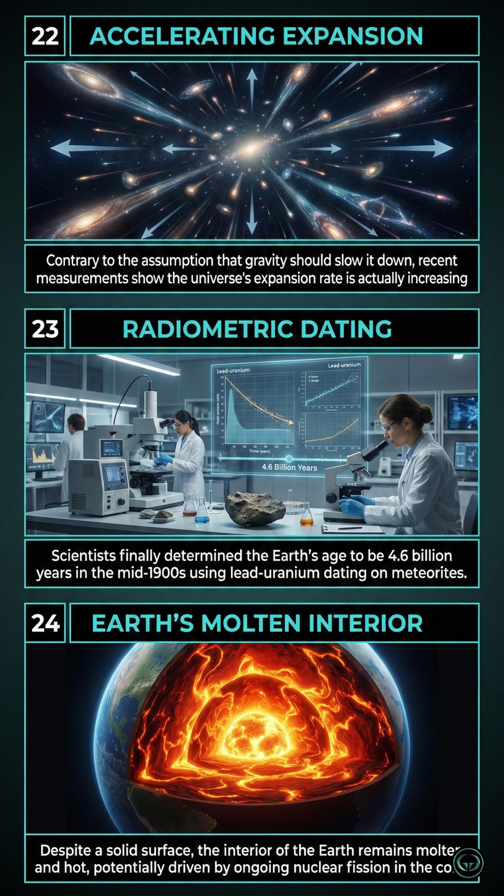 Infographic illustrating three A Short History of Nearly Everything insights by Bill Bryson: Top panel shows the universe's accelerating expansion; Middle panel depicts radiometric dating of Earth's age; Bottom panel visualizes Earth's active molten interior.