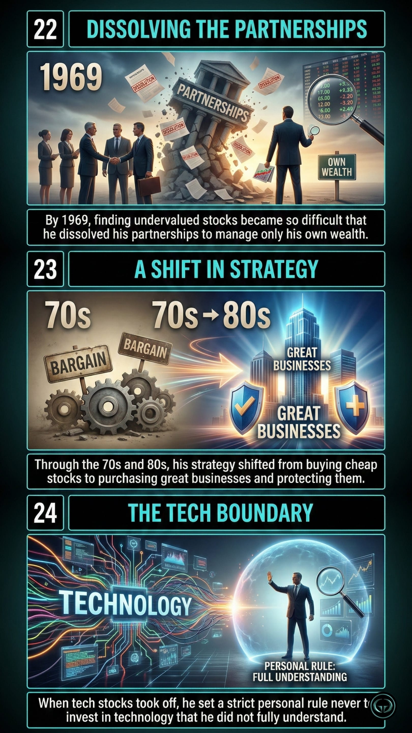 Infographic illustrating three The Snowball insights by Alice Schroeder: Top panel shows the 1969 dissolution of partnerships to manage personal wealth; Middle panel depicts a strategy shift from buying cheap "bargain" stocks to purchasing and protecting great businesses; Bottom panel visualizes the "Tech Boundary" rule of only investing in technology within a personal circle of competence.