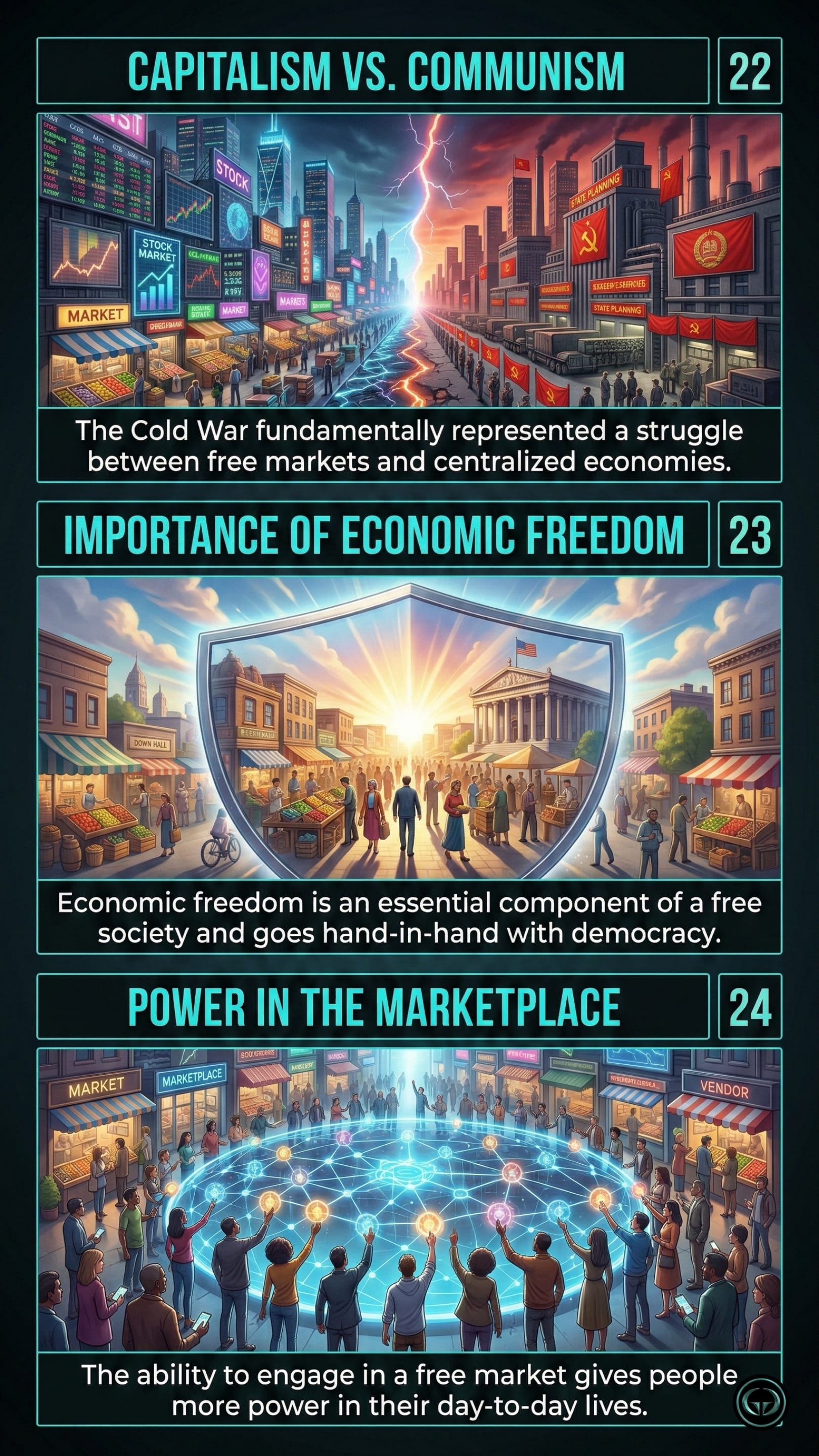 Infographic illustrating three The World Is Flat insights by Thomas L. Friedman: Top panel shows the Cold War struggle between free markets and centralized economies; Middle panel depicts economic freedom as essential to democracy; Bottom panel visualizes the power individuals gain in a free marketplace.