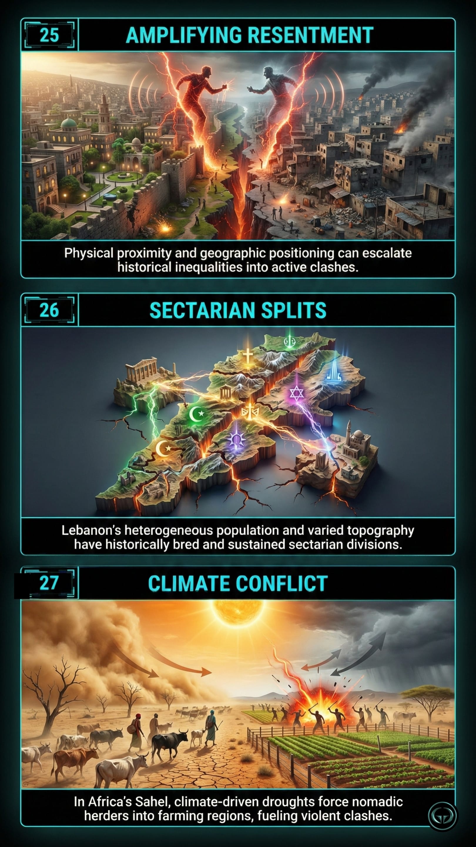 Insight 25: Amplifying Resentment. A stylised visual of two glowing, humanoid figures made of orange and blue energy facing off across a literal crack in a divided city. One side is lush and modern, the other is war-torn and grey, depicting how geographic proximity escalates inequality. Insight 26: Sectarian Splits. A 3D map of Lebanon fragmented into floating islands, each marked with different religious symbols (Cross, Crescent, Star of David, etc.) and connected by bolts of electricity, illustrating how varied topography sustains sectarian divisions. Insight 27: Climate Conflict. A landscape split between a parched, dusty desert with cattle on the left and a lush green farm on the right. In the center, people clash violently, representing how climate-driven droughts in Africa’s Sahel drive conflict between herders and farmers.