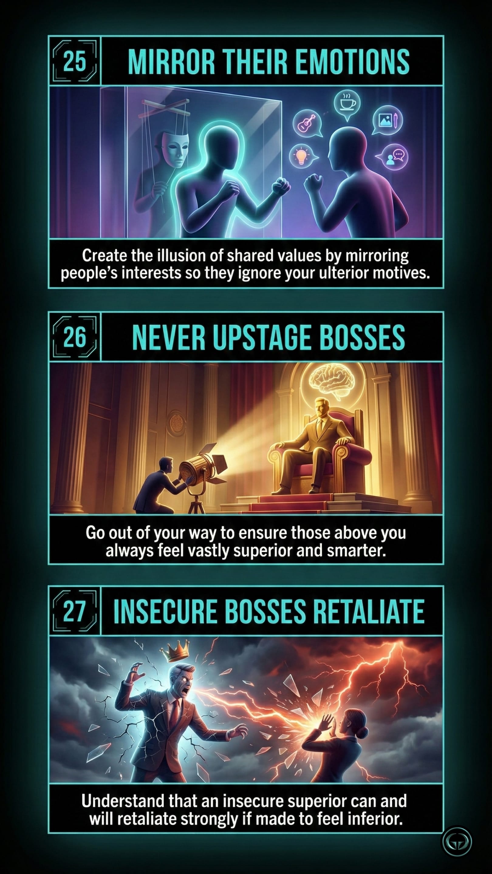 Graphic for Robert Greene's 48 Laws of Power showing Laws 25 to 27. Panel one, 'Mirror Their Emotions', depicts glowing figures mirroring each other. Panel two, 'Never Upstage Bosses', shows a subordinate shining a spotlight on a boss seated on a throne. Panel three, 'Insecure Bosses Retaliate', features an angry superior shattering glass with lightning.