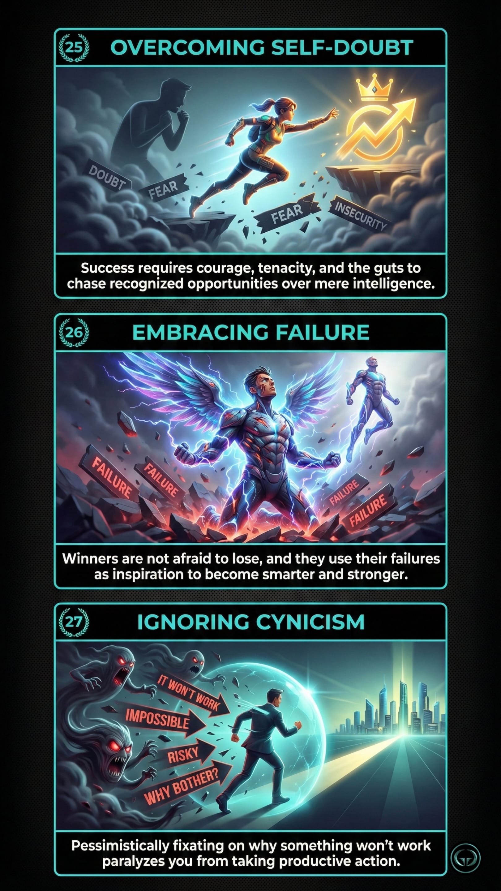 Infographic illustrating three Rich Dad Poor Dad insights by Robert Kiyosaki: Top panel shows overcoming self-doubt to seize opportunities; Middle panel depicts embracing financial failures to build resilience; Bottom panel visualizes ignoring cynicism to maintain productive wealth-building action.