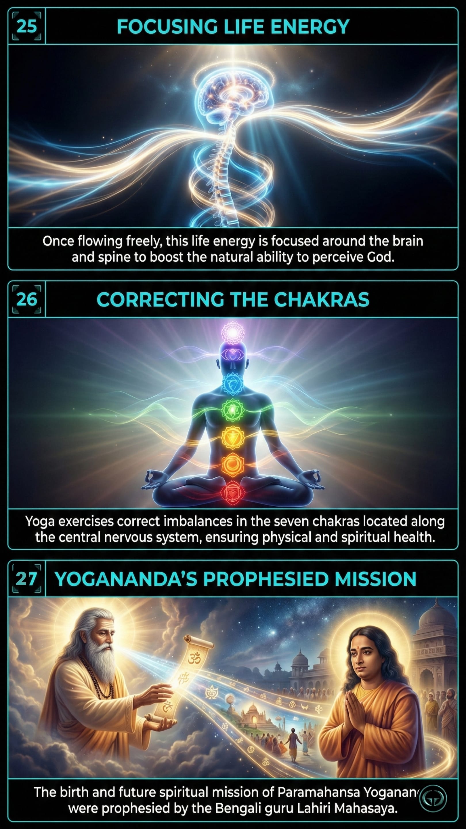 Infographic illustrating three Autobiography of a Yogi insights by Paramahansa Yogananda: Top panel shows focusing life energy in the spine and brain; Middle panel depicts correcting the seven chakras; Bottom panel visualizes the prophesied mission of the author.