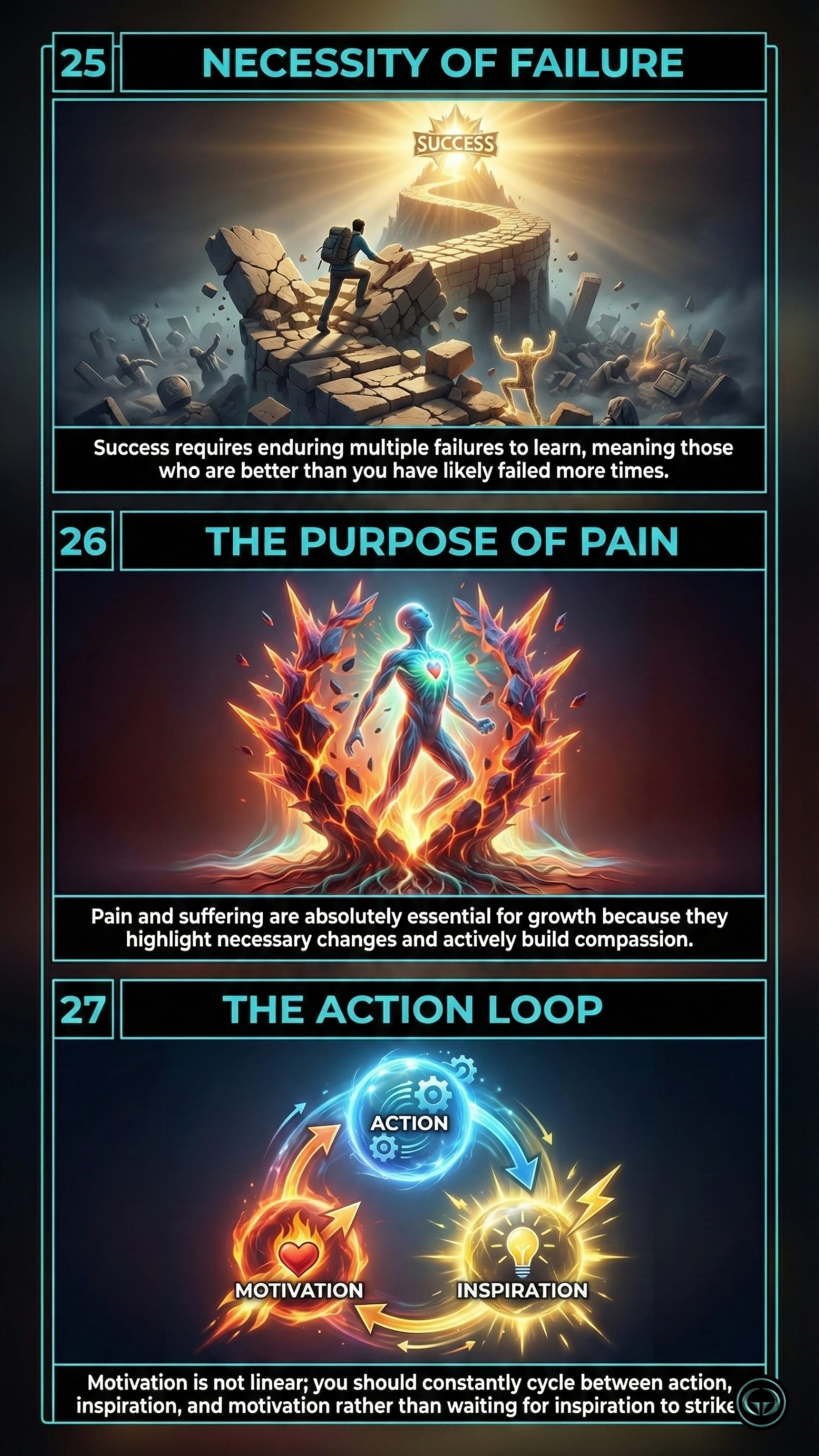Infographic illustrating three The Subtle Art of Not Giving a F*ck insights by Mark Manson: Top panel shows the necessity of enduring failure for success; Middle panel depicts emotional pain as a catalyst for growth; Bottom panel visualizes the continuous action loop of motivation.