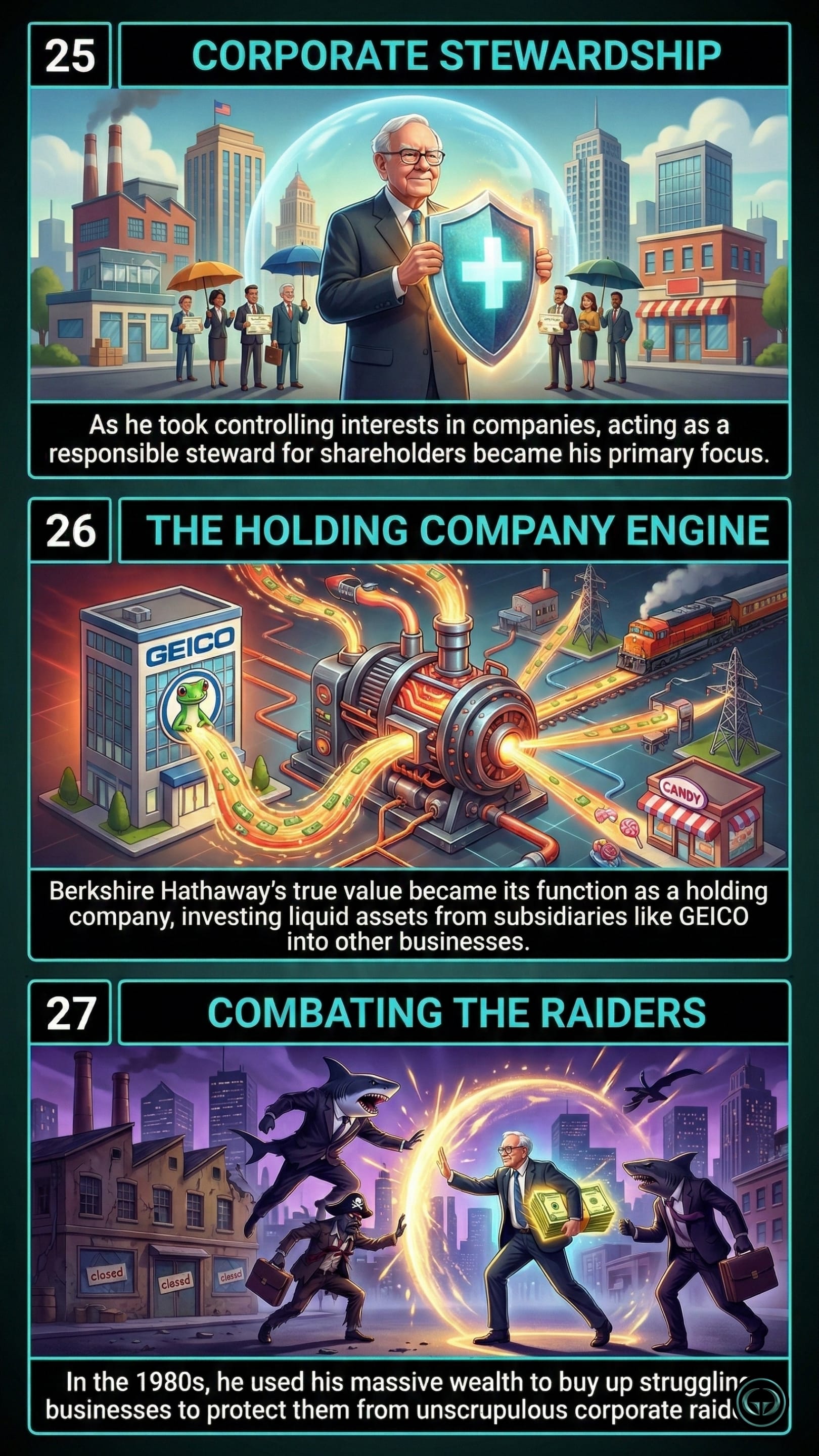 Infographic illustrating three The Snowball insights by Alice Schroeder: Top panel shows Warren Buffett’s transition to corporate stewardship and shareholder focus; Middle panel depicts Berkshire Hathaway as a holding company engine reinvesting liquid assets from subsidiaries like GEICO; Bottom panel visualizes Buffett combating corporate raiders by using massive wealth to protect struggling businesses.