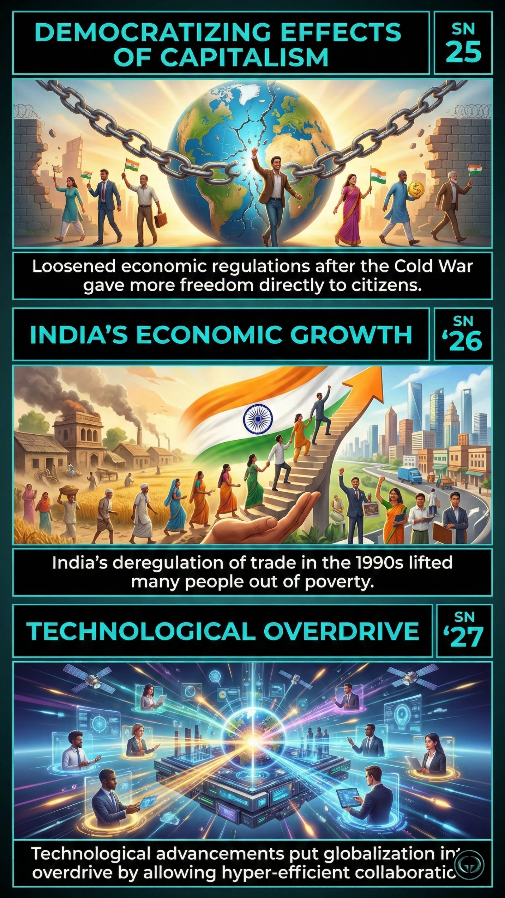 Infographic illustrating three The World Is Flat insights by Thomas L. Friedman: Top panel shows the democratizing effects of loosened economic regulations; Middle panel depicts India's economic growth lifting citizens from poverty; Bottom panel visualizes technological advancements putting globalization into overdrive.