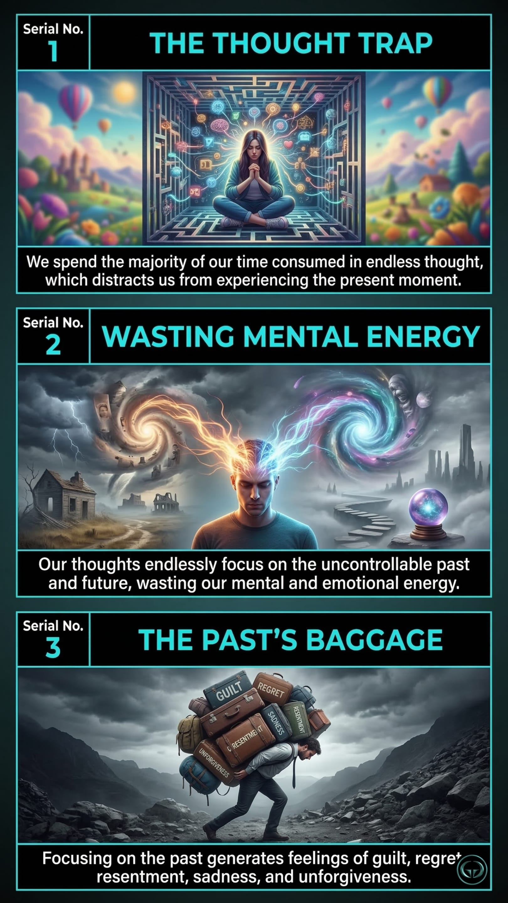 Infographic illustrating three The Power of Now insights by Eckhart Tolle: Top panel shows the thought trap that distracts from the present moment; Middle panel depicts wasting mental energy on past and future illusions; Bottom panel visualizes the heavy emotional baggage caused by dwelling on the past.