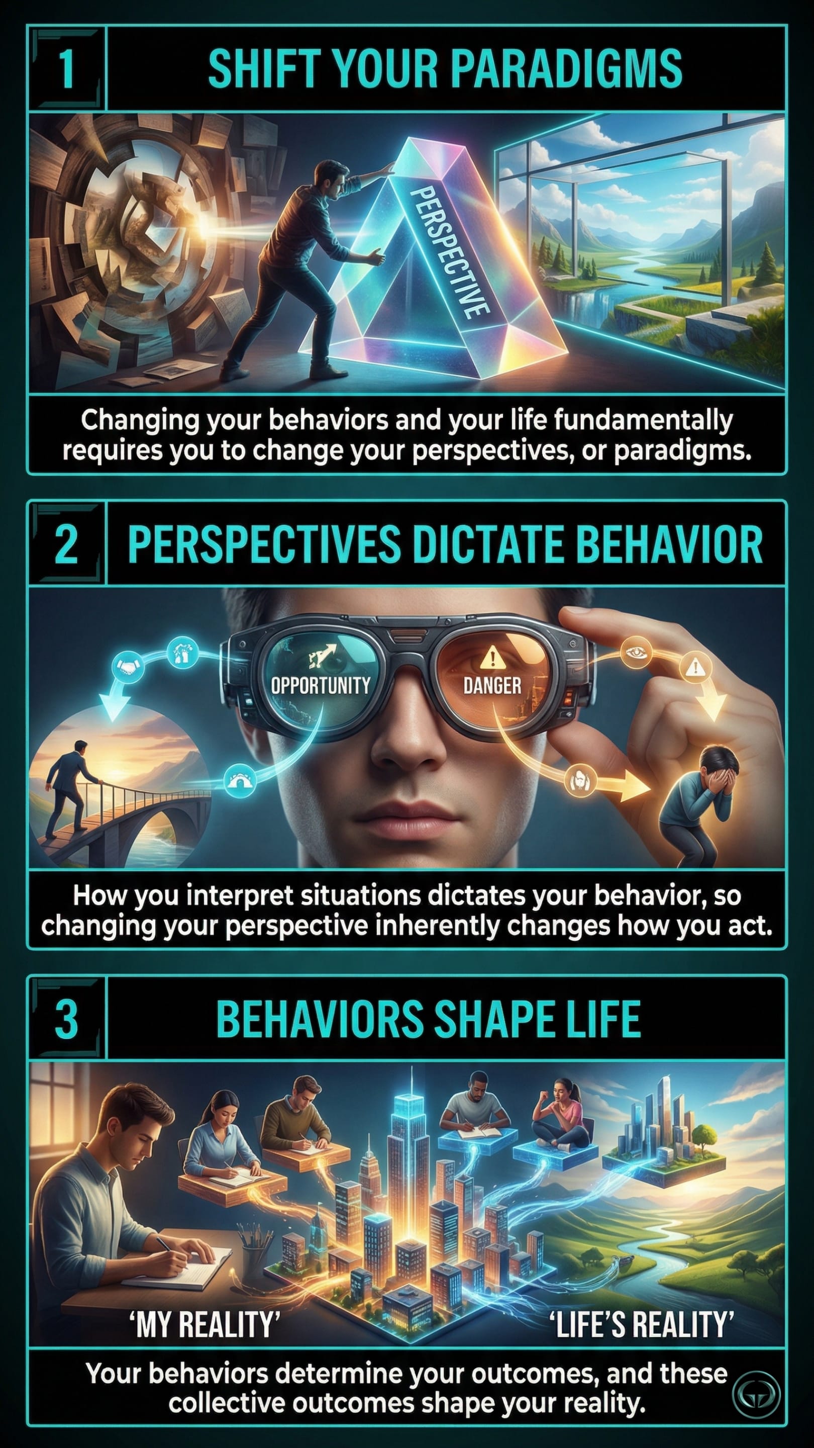 Infographic illustrating three 7 Habits of Highly Effective People insights by Stephen Covey: Top panel shows the transition from dependence to independence; Middle panel depicts the shift to interdependence; Bottom panel visualizes the "Inside-Out" approach to personal growth.