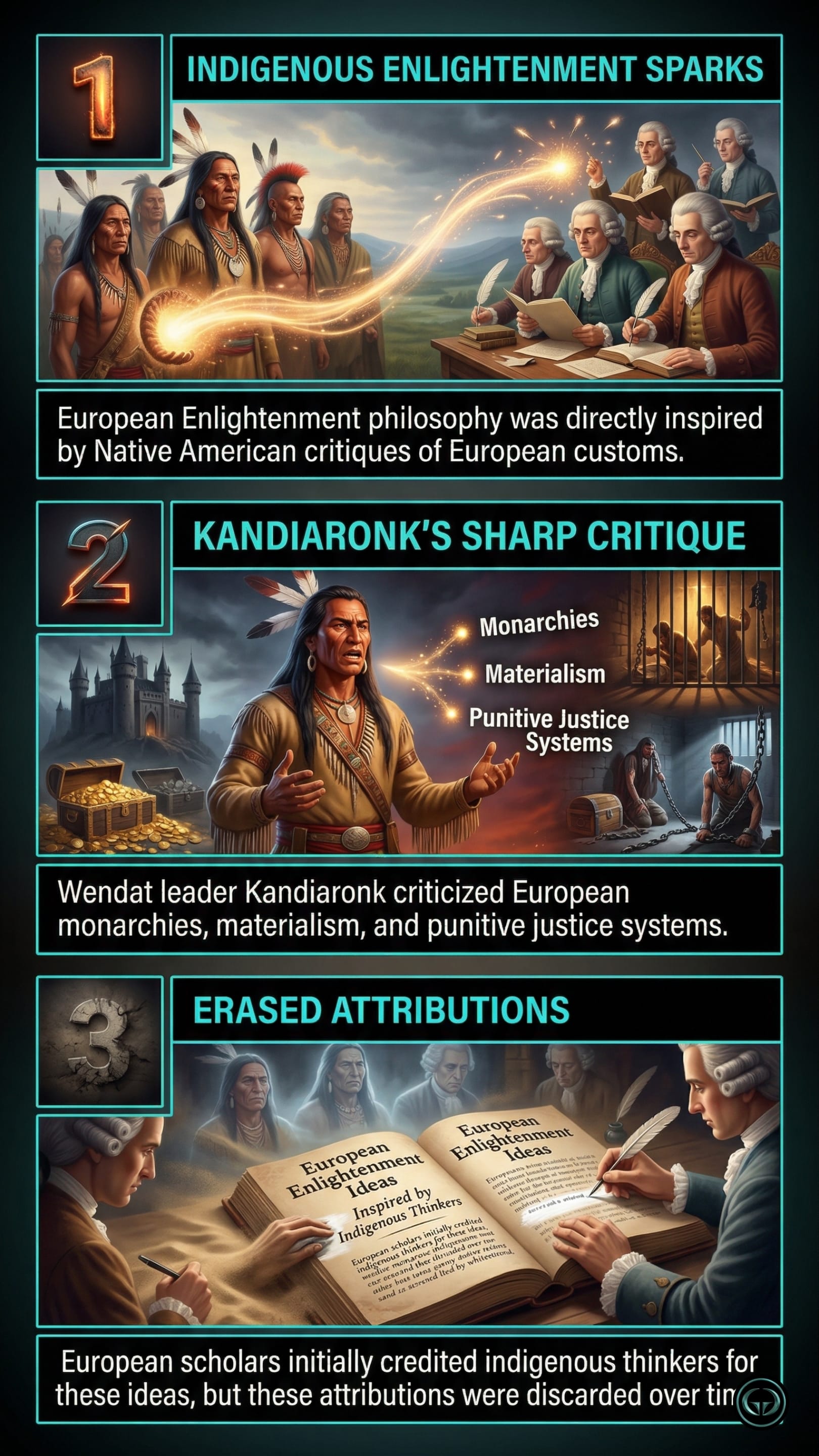 Infographic illustrating three The Dawn of Everything insights by Graeber & Wengrow: Top panel shows Indigenous inspiration for the Enlightenment; Middle panel depicts Kandiaronk critiquing European systems; Bottom panel visualizes the historical erasure of these Indigenous attributions.