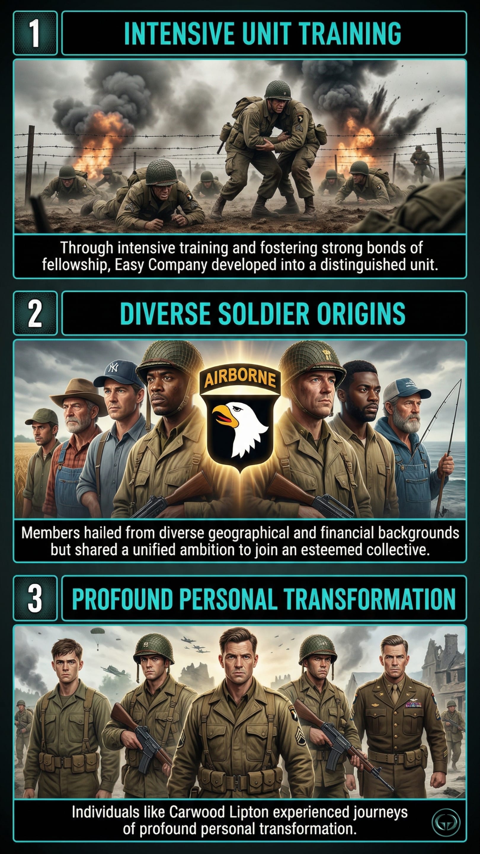 Infographic illustrating three Band of Brothers insights by Stephen R. Ambrose: Top panel shows intensive unit training building fellowship; Middle panel depicts men from diverse civilian origins unifying under the Airborne patch; Bottom panel visualizes the profound personal transformation of individual soldiers.