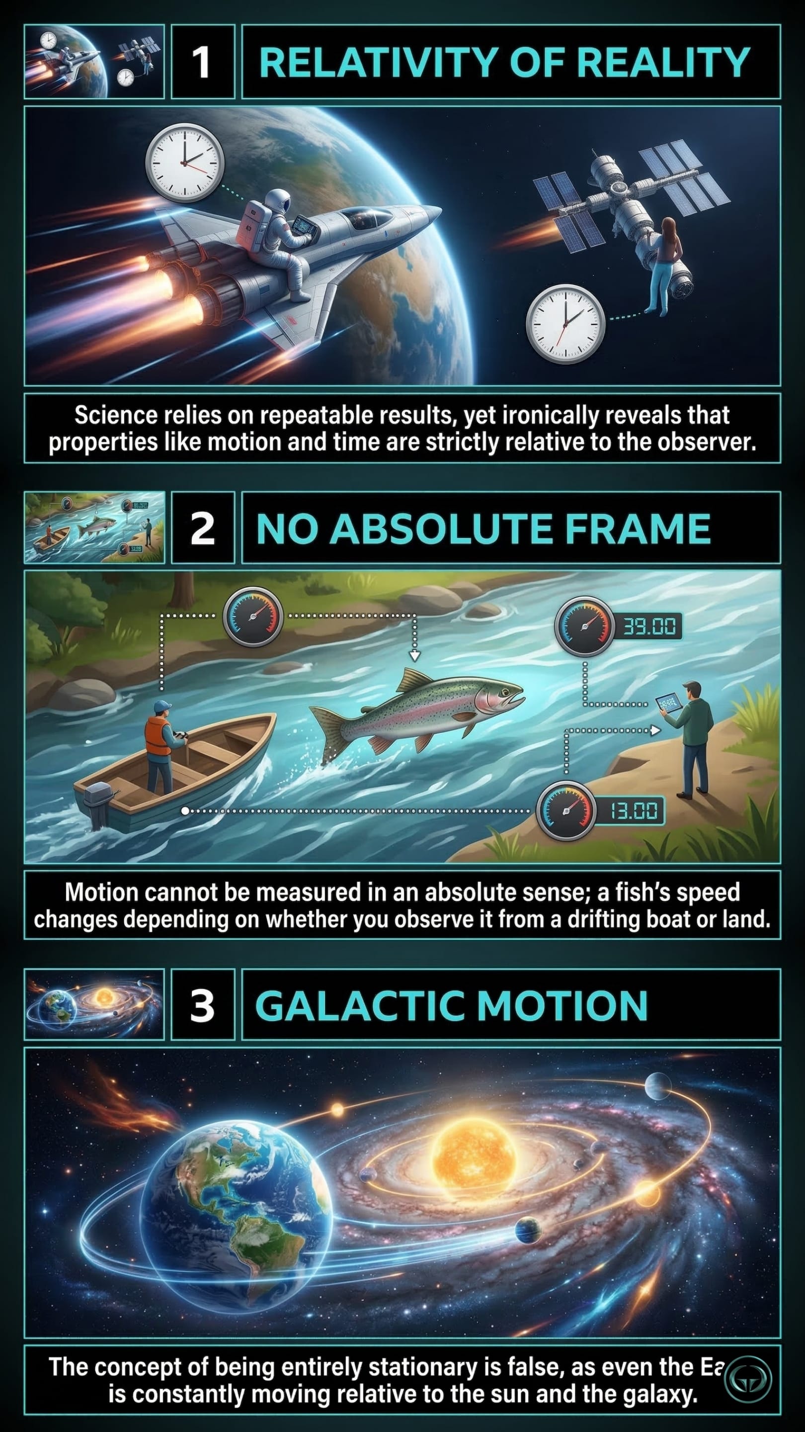 Infographic illustrating three A Brief History of Time insights by Stephen Hawking: Top panel shows the relativity of motion and time; Middle panel depicts the lack of an absolute frame of reference; Bottom panel visualizes Earth's constant galactic motion.