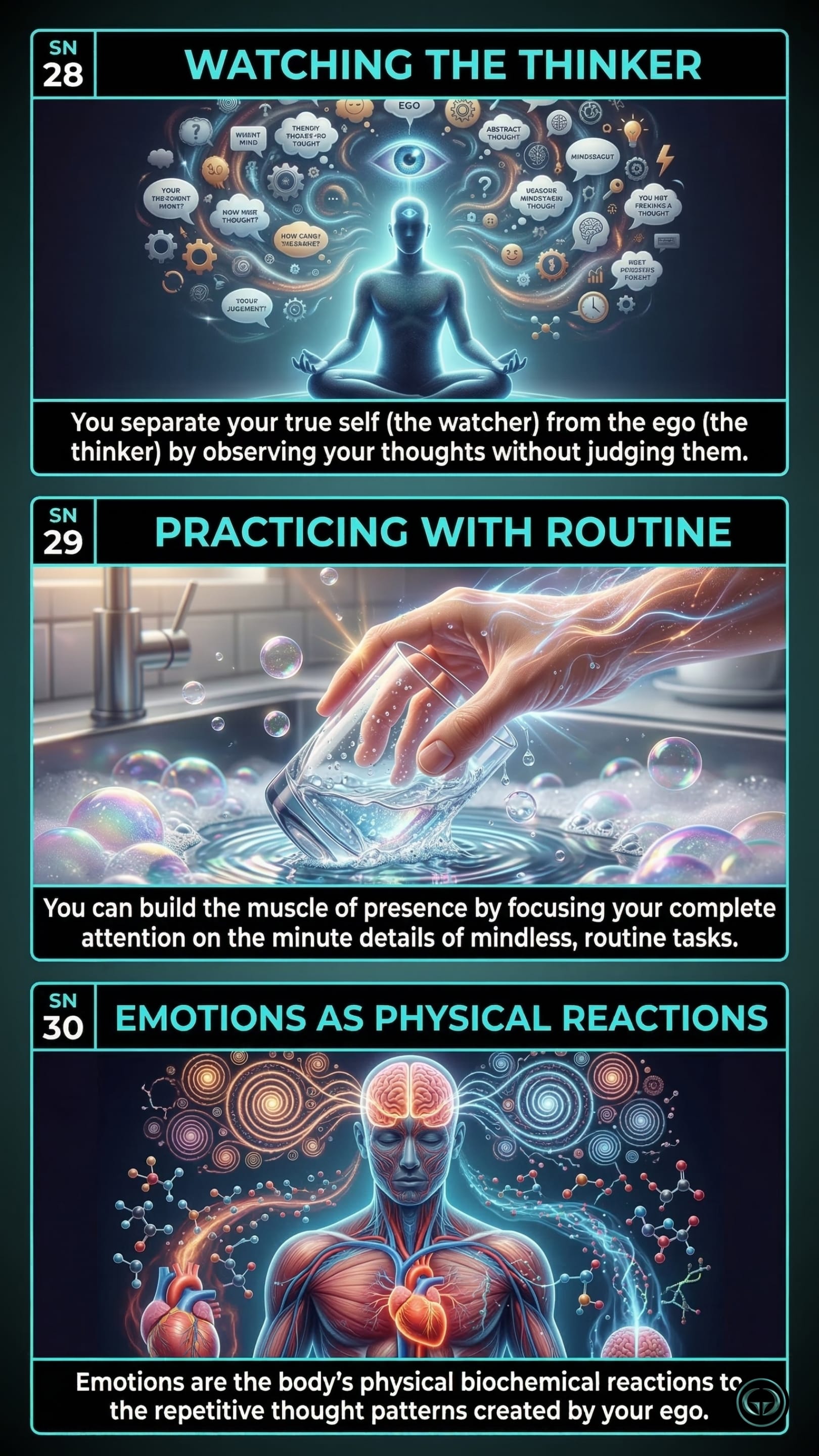 Infographic illustrating three The Power of Now insights: Top panel shows watching the thinker to silence the ego; Middle panel depicts building presence through routine tasks; Bottom panel visualizes emotions reacting to thoughts, by Eckhart Tolle.