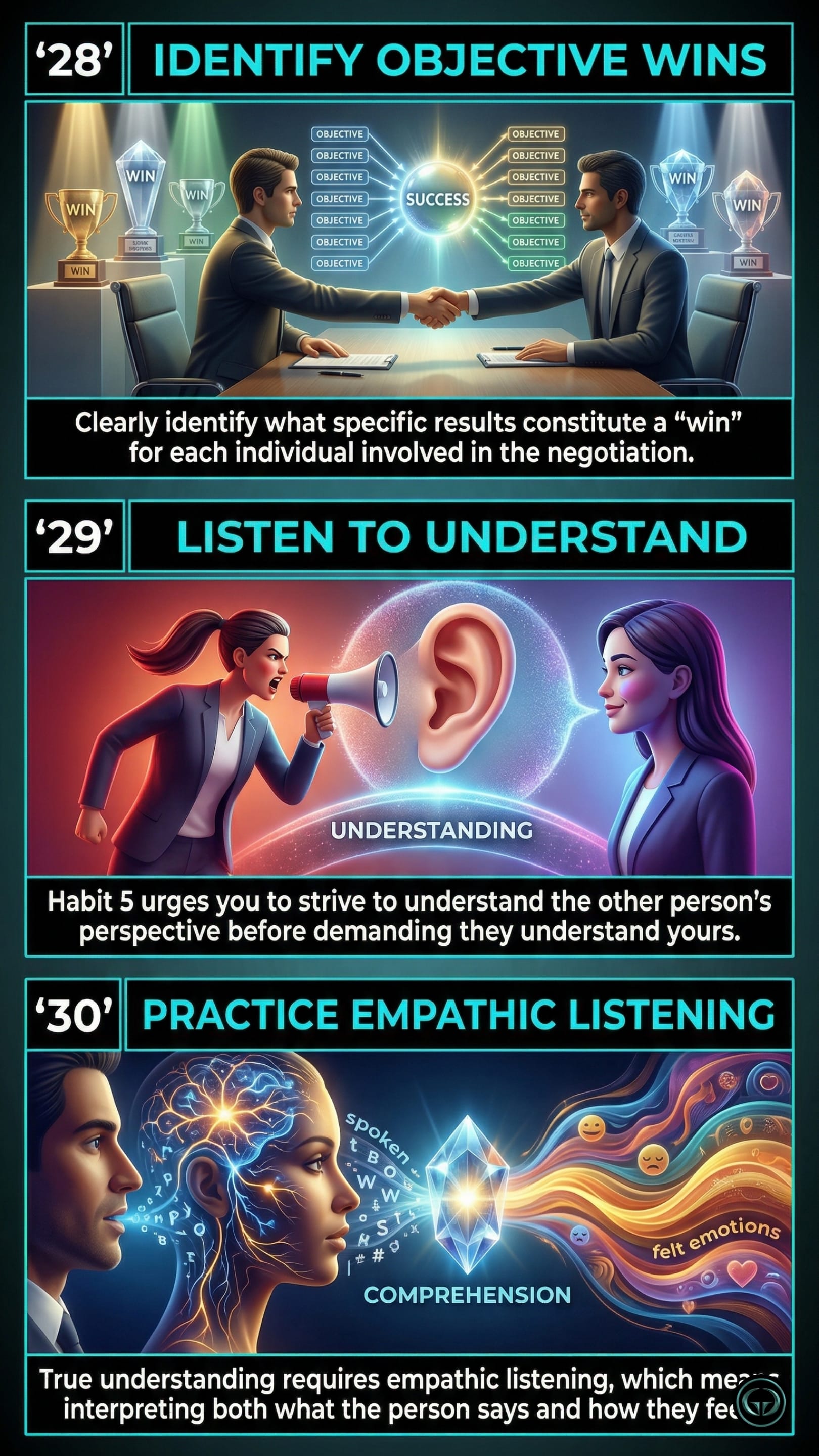 Infographic illustrating three Stephen R. Covey insights from The 7 Habits of Highly Effective People: Top panel shows defining objective success metrics for mutual wins; Middle panel depicts the paradigm shift of listening to understand others first; Bottom panel visualizes practicing empathic listening to grasp both spoken words and underlying emotions.