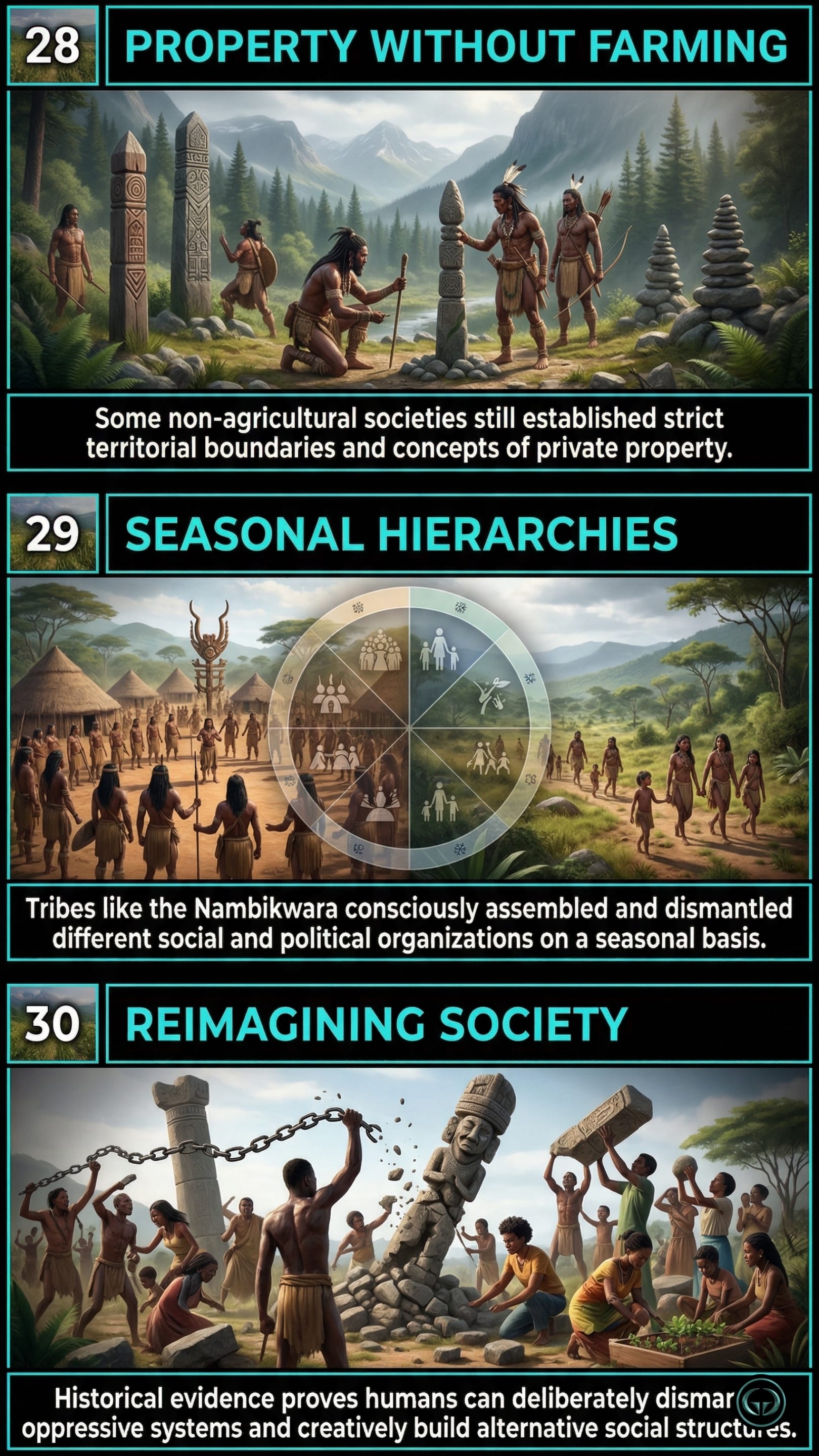 Infographic illustrating three The Dawn of Everything insights by Graeber & Wengrow: Top panel shows private property in non-agricultural societies; Middle panel depicts seasonal dismantling of hierarchies; Bottom panel visualizes humans reimagining alternative social structures.