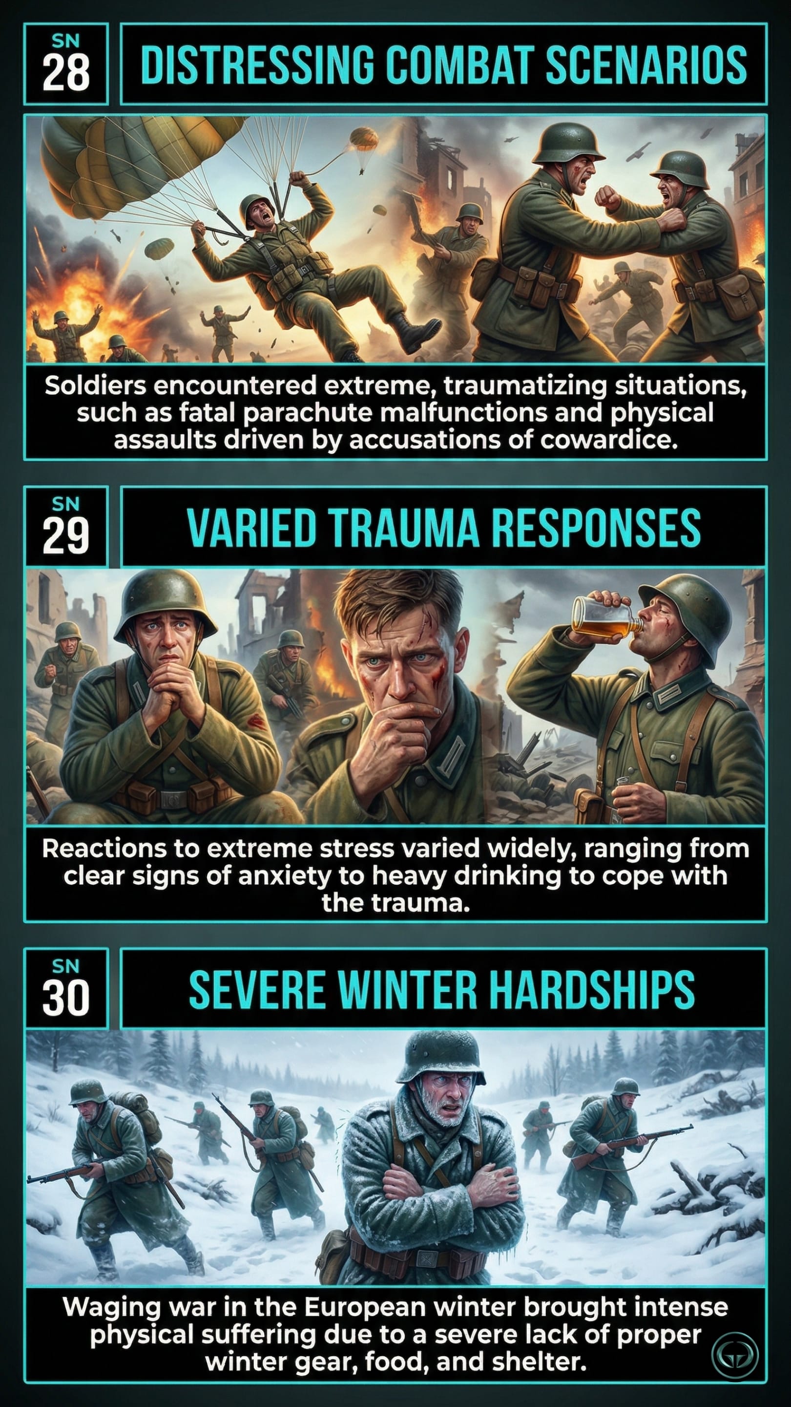Infographic illustrating three Band of Brothers insights by Stephen R. Ambrose: Top panel shows fatal and distressing combat scenarios; Middle panel depicts varied psychological trauma and stress responses among soldiers; Bottom panel visualizes the severe physical hardships of winter warfare without proper gear.