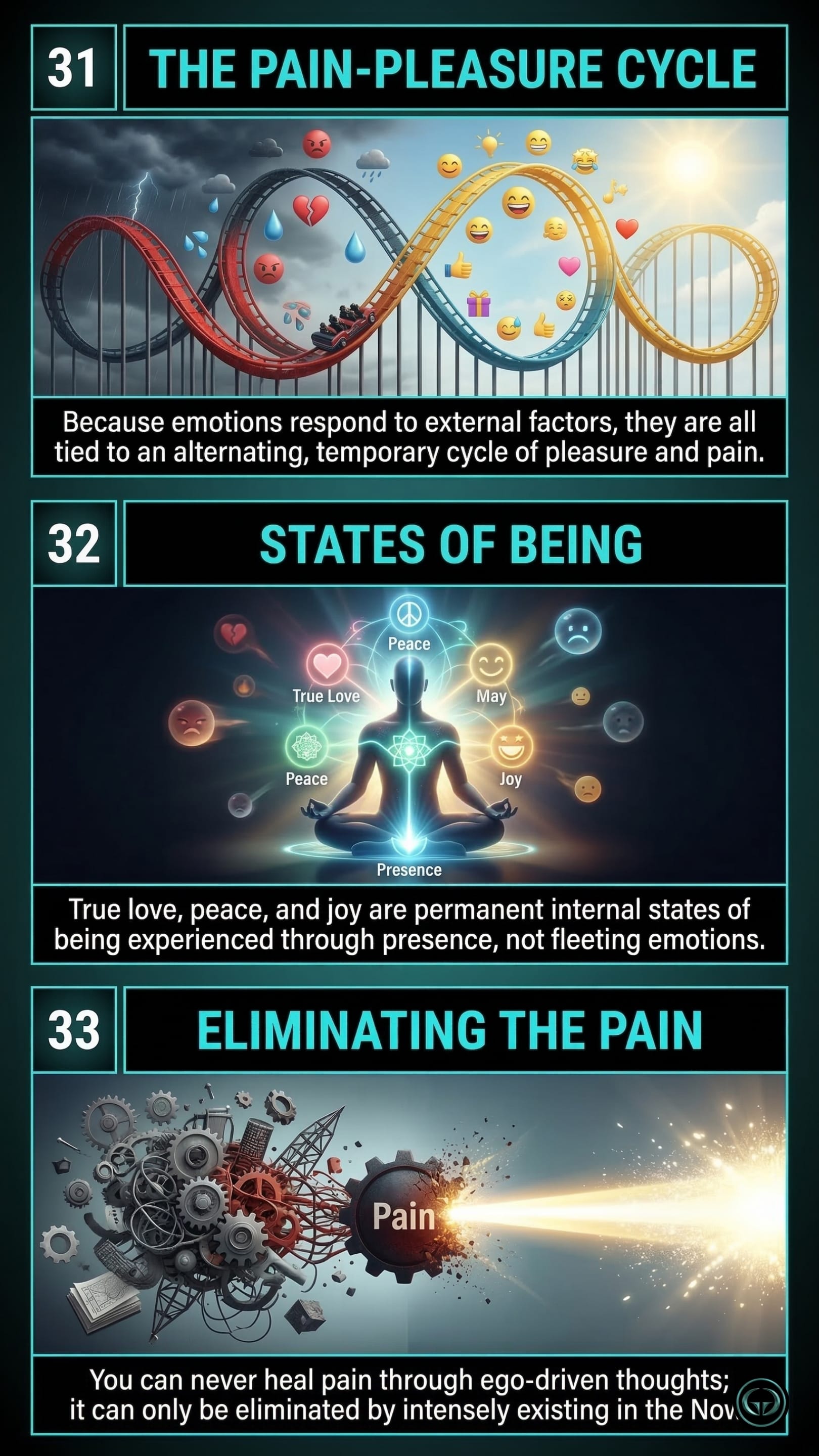 Infographic illustrating three The Power of Now insights by Eckhart Tolle: Top panel shows the emotional pain-pleasure cycle; Middle panel depicts permanent states of inner peace via presence; Bottom panel visualizes eliminating pain by living in the Now.