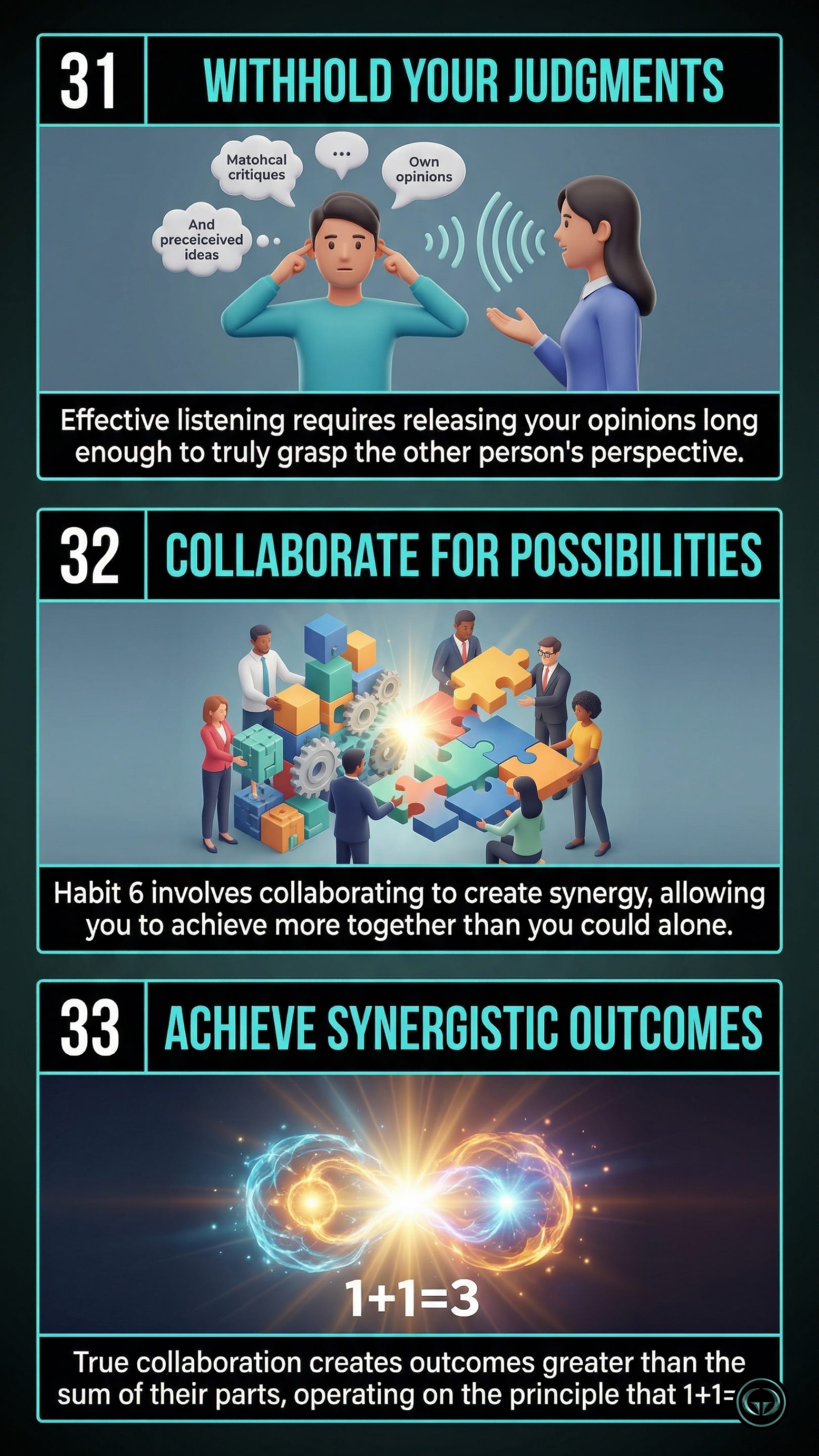 Infographic illustrating three The 7 Habits of Highly Effective People insights by Stephen R. Covey: Top panel shows withholding personal judgment to effectively listen; Middle panel depicts team synergy and proactive collaboration; Bottom panel visualizes achieving synergistic outcomes where cooperative effort produces results greater than the sum of their parts.
